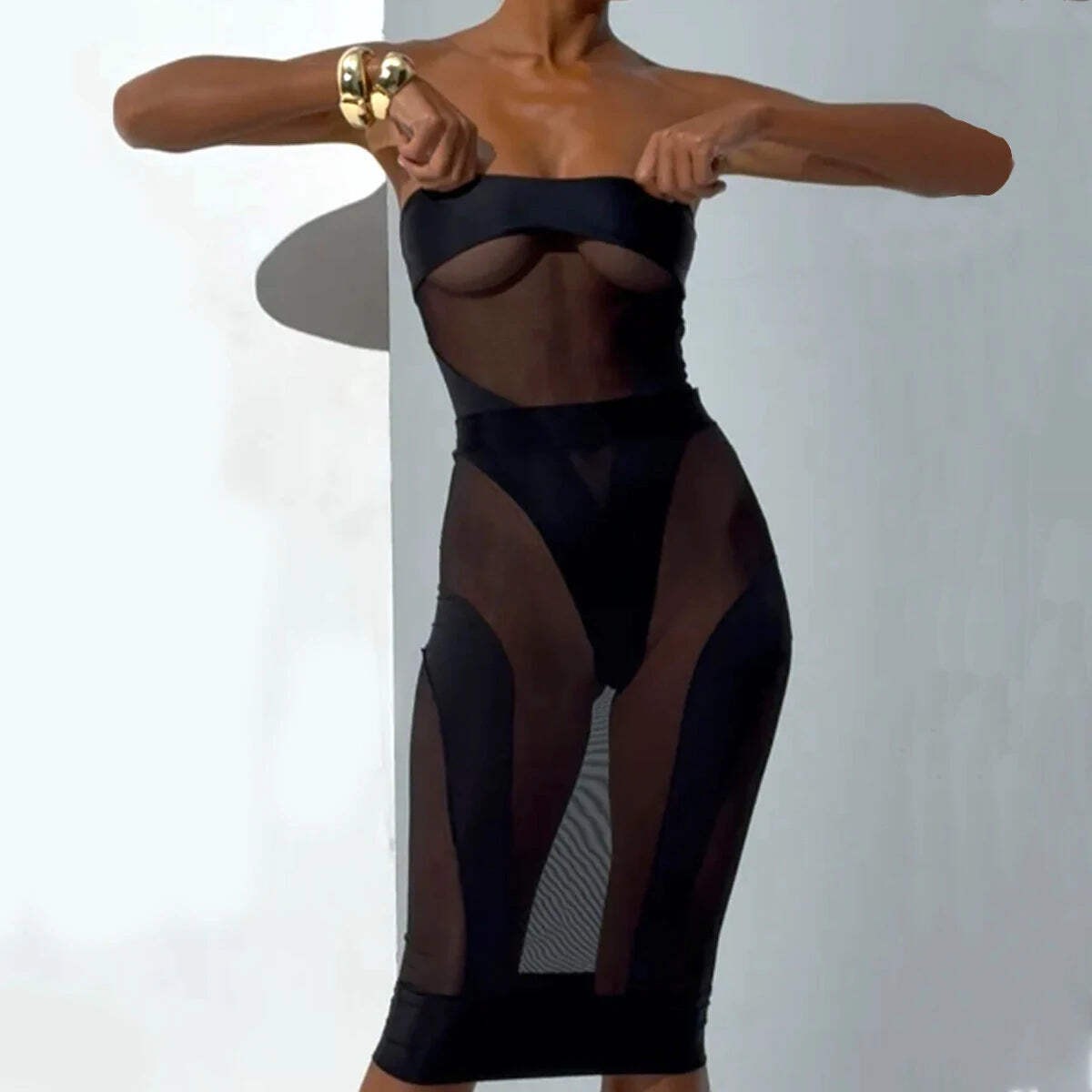 Ellolace Elegant Hot Sexy Lingerie See Through Strapless Bodysuit Half Dress 2PC