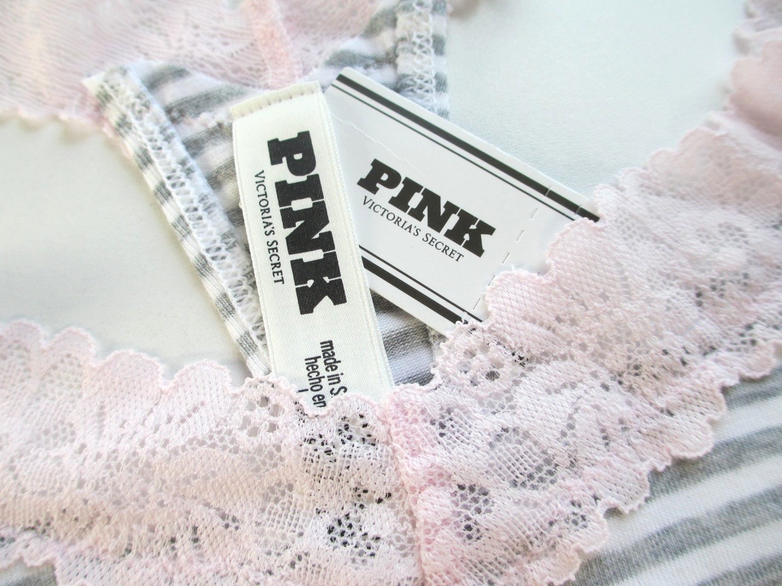 VICTORIA’S SECRET PINK Cotton High Leg Thong Panty S M L XL Gray Stripe NWT Lace