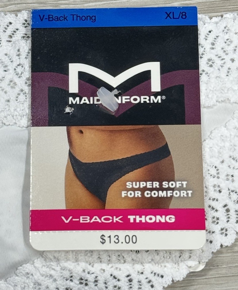 MAIDENFORM Women’s Size XL 8 V-Back Thong WHITE Panty Seamless Underwear DMMVBT