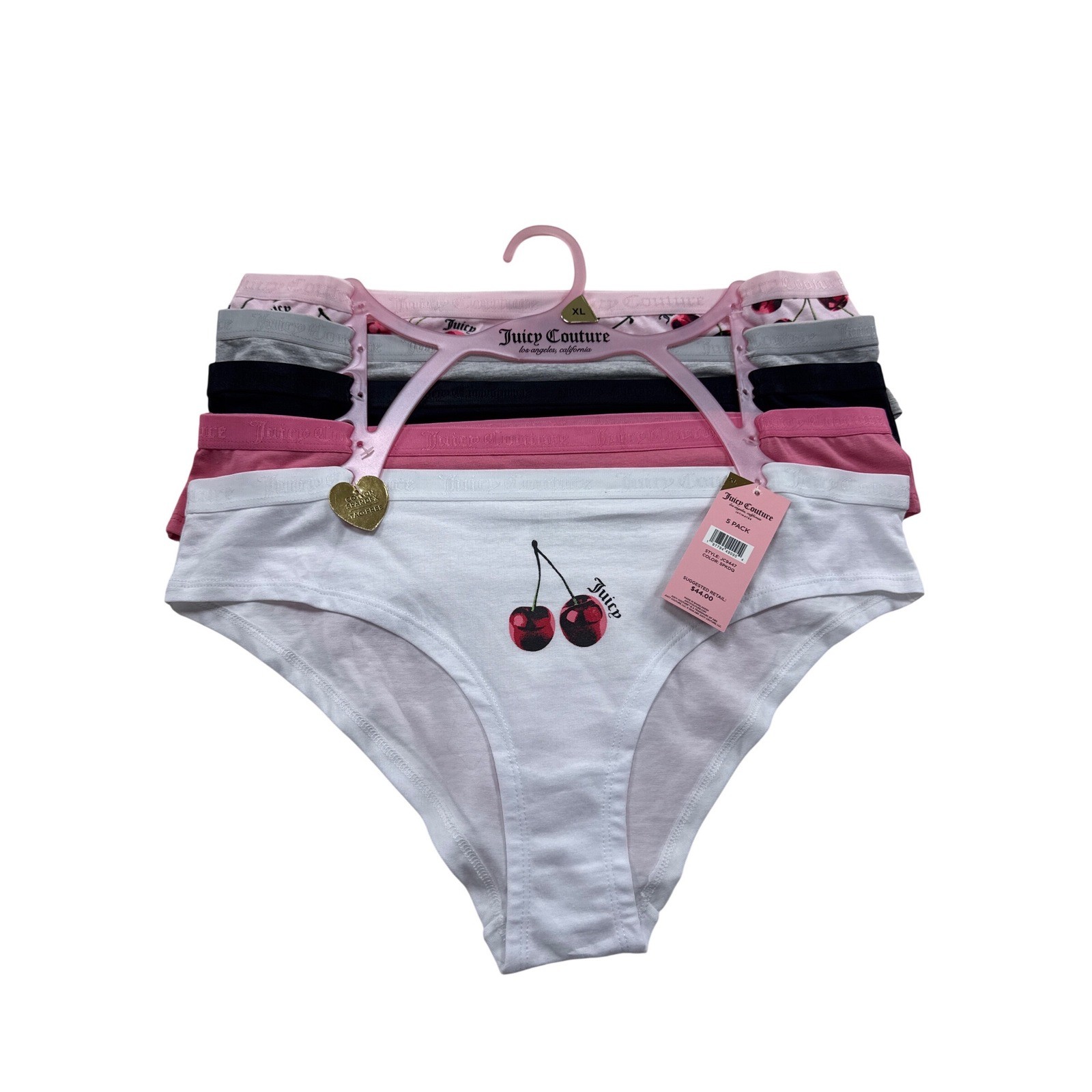 Juicy Couture 5 Pack Hipster Panties Cherry Logo White Pink Grey Black XL NEW