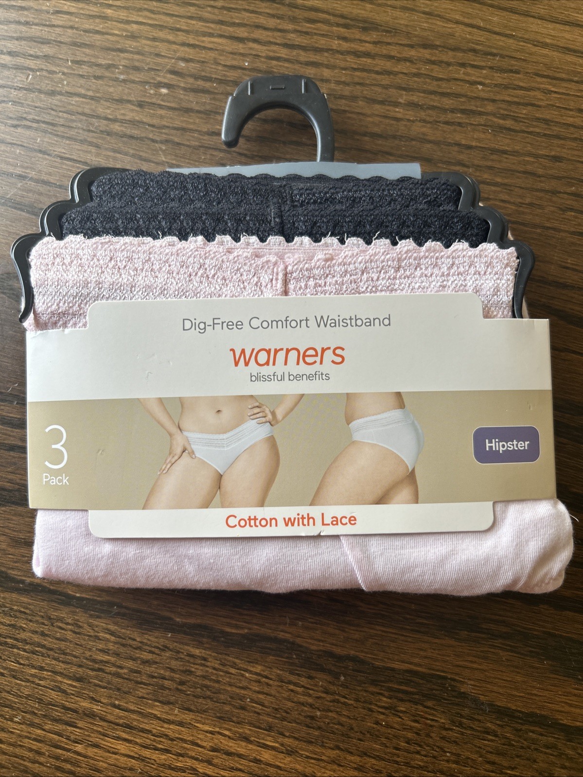 Warners Women 3pk Dig-Free Cotton Hipster Lace Panties 3XL Pink Black Grey