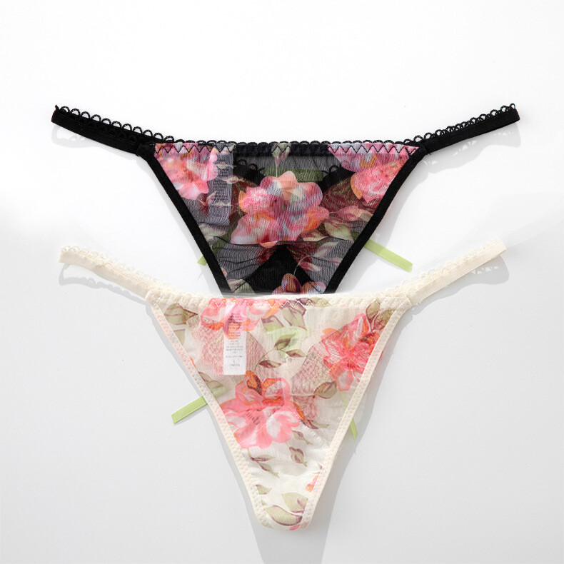 2PCS/LOT Sexy Women Panties Thong G string Sheer Vintage Floral Underwear Bikini
