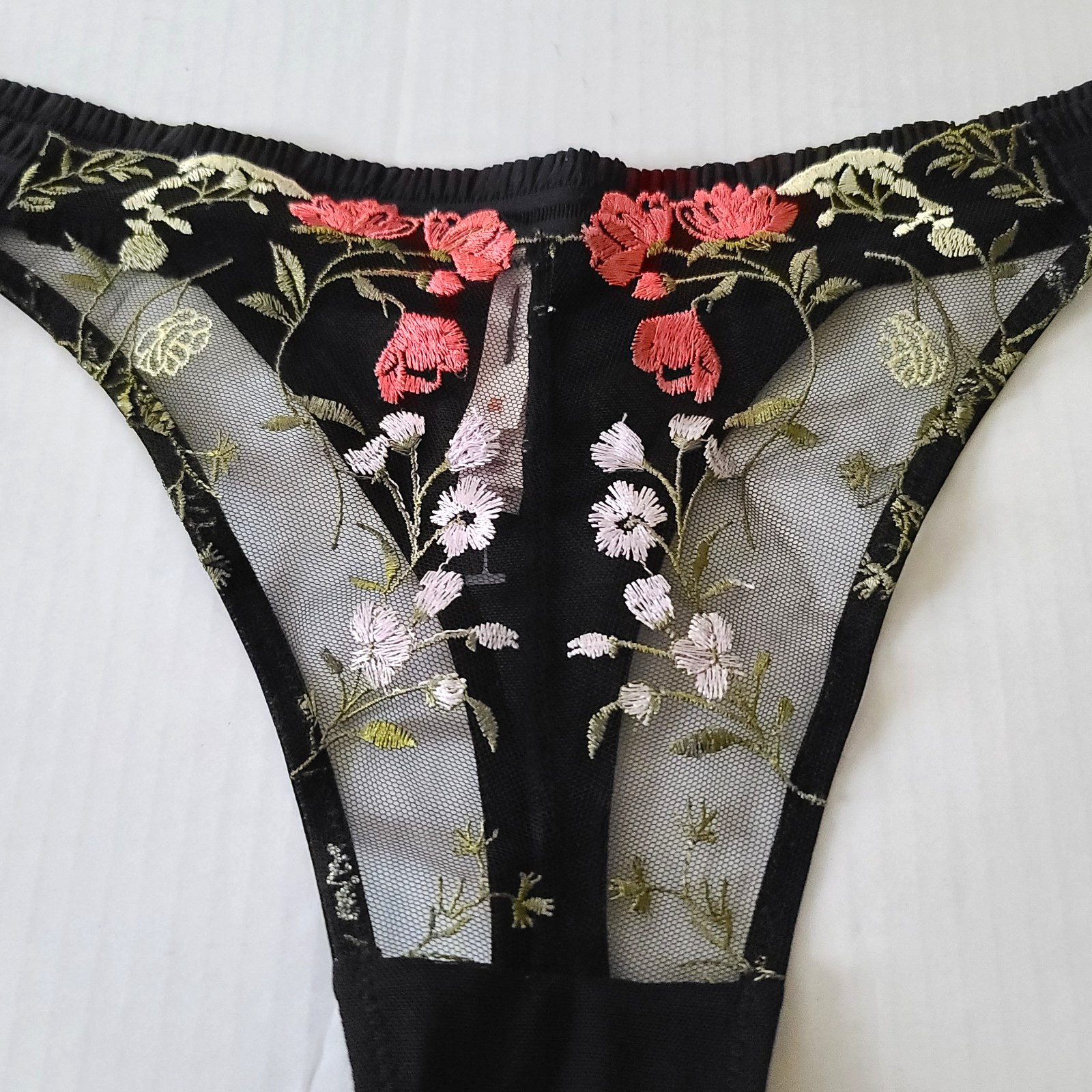 Anthropologie LyreBird Embroidered Floral Thong Panty Black L Flirty Femme NWOT