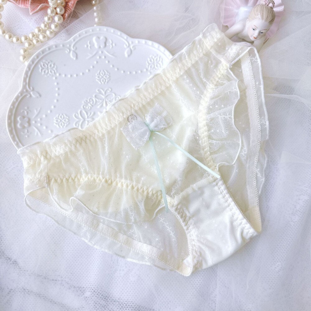 Lady Sheer Lolita Underwear Lace Briefs Knickers Retro Bow Ruffle Mesh Underwear