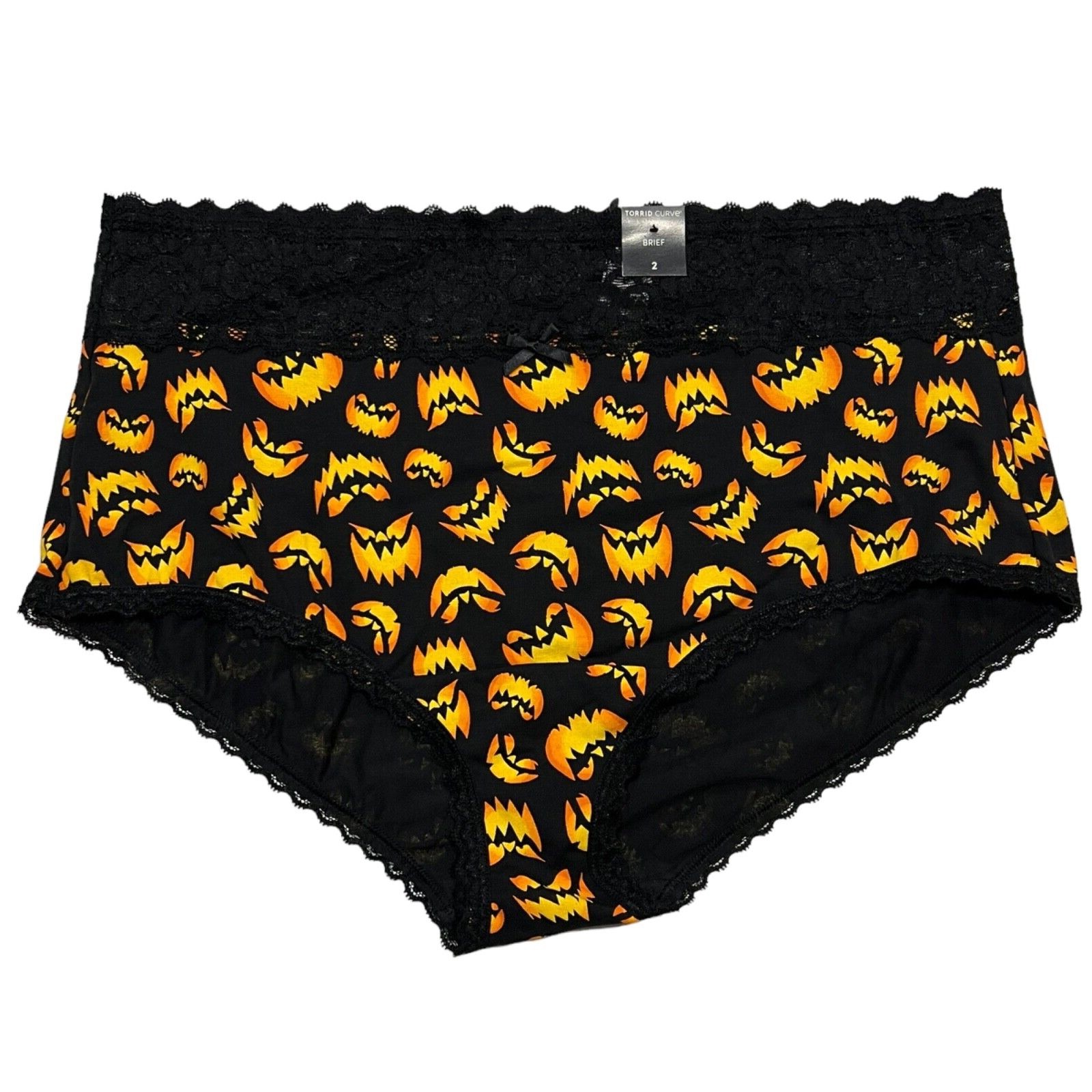 NWT TORRID Brief Pantie Sz 00X-0X-1X-2X-4X Black Orange Pumpkins Lace Jersey
