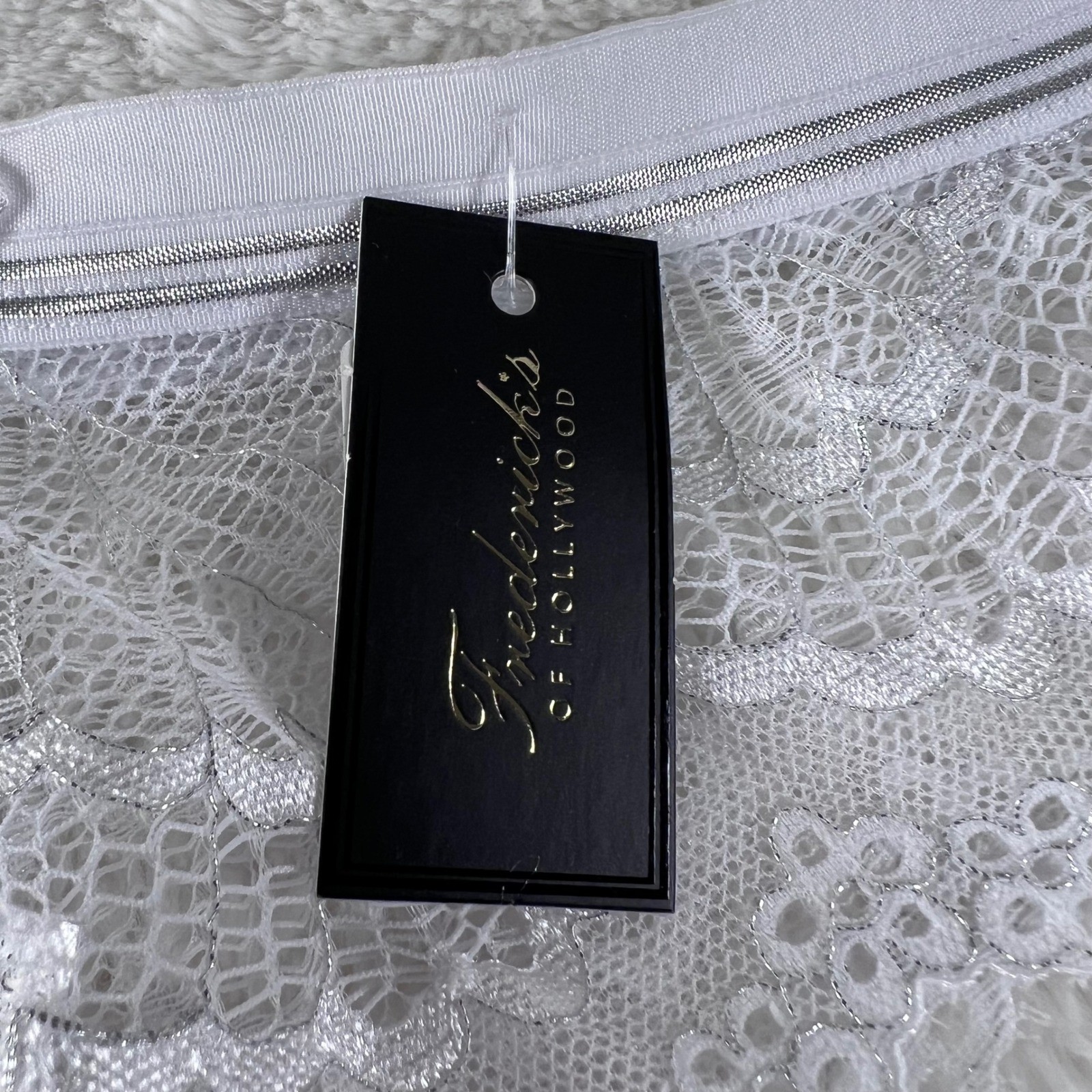 Fredericks of Hollywood Lace Thong Panty White Silver Metallic Trim Size M