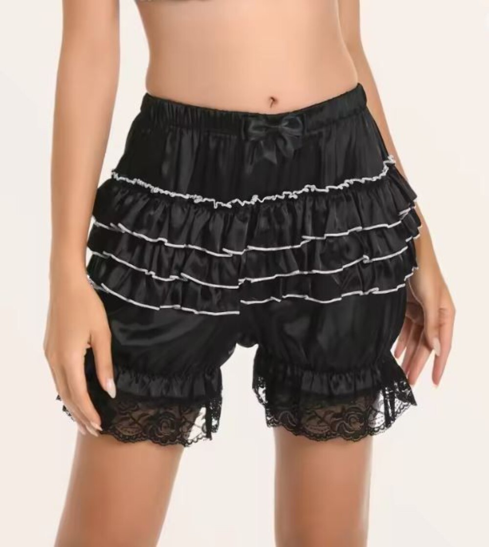 Silky satin bloomers black shorts pants ruffled lace trim sissy size S / UK 8