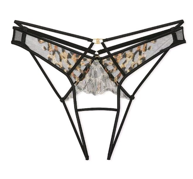 Vs logo hardware Embroidered Leopard Crotchless Brazilian Panty NEW Medium
