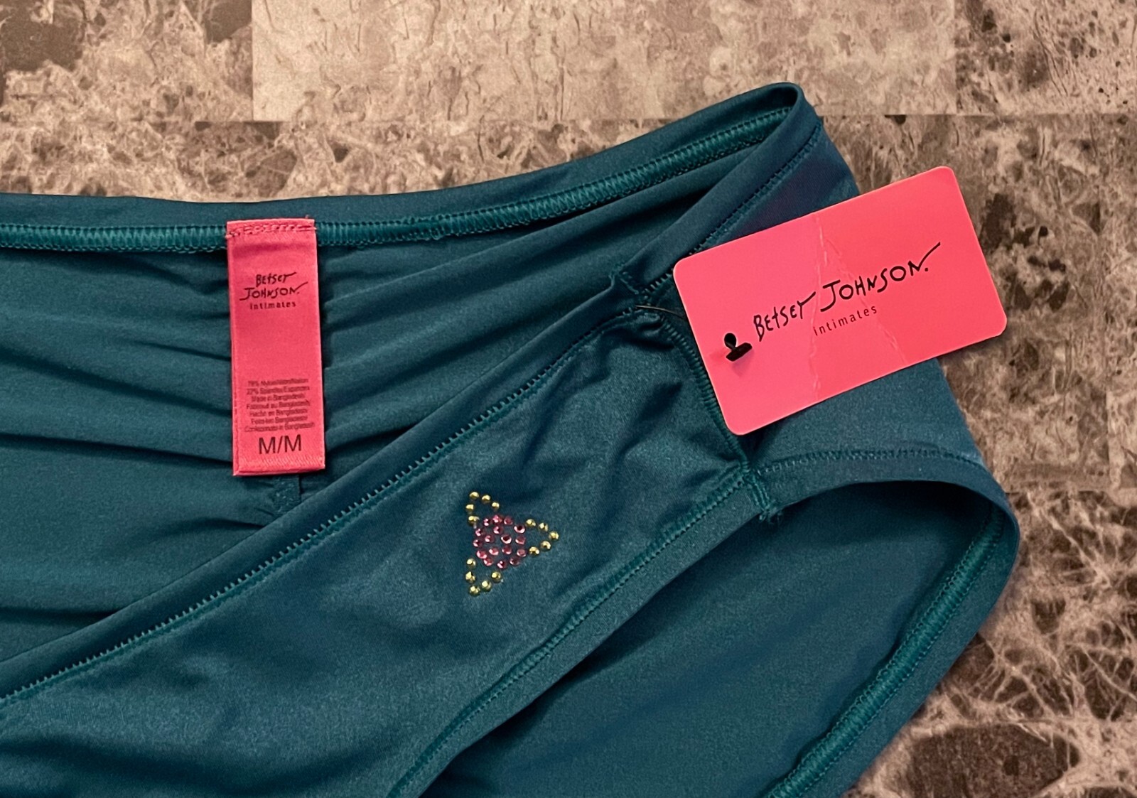 NWT BETSEY JOHNSON M BLUE SMOOTH RHINESTONE FLOWER RUCHED RARE BIKINI PANTIES