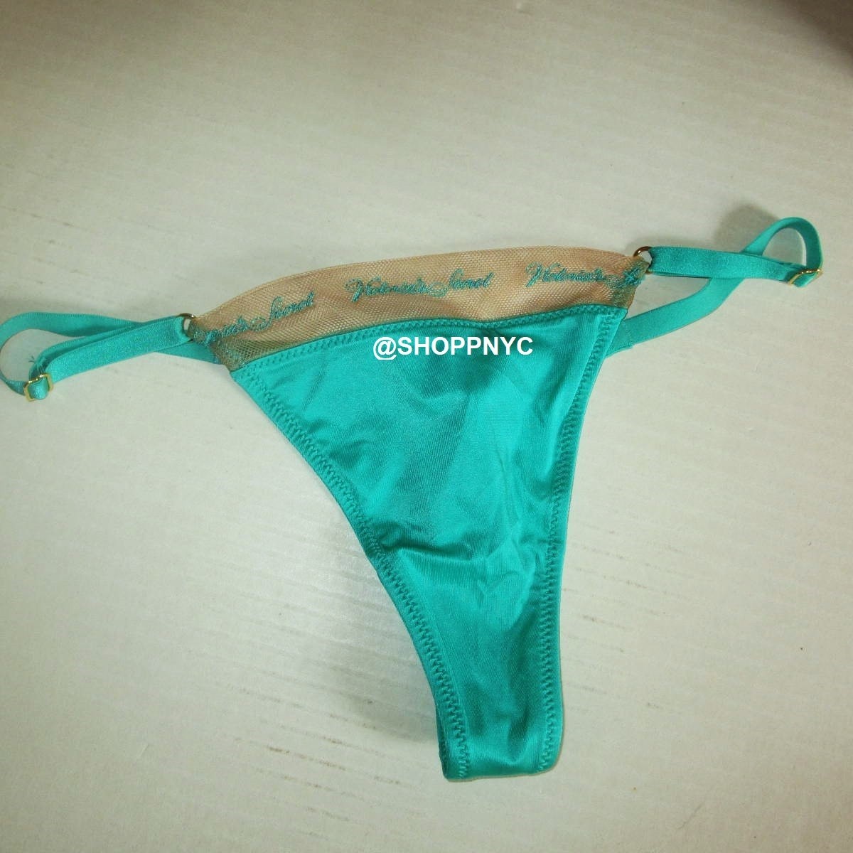 VICTORIA SECRET V-String Thong Panty S M L XL Logo Embroidery Aqua Green Rare