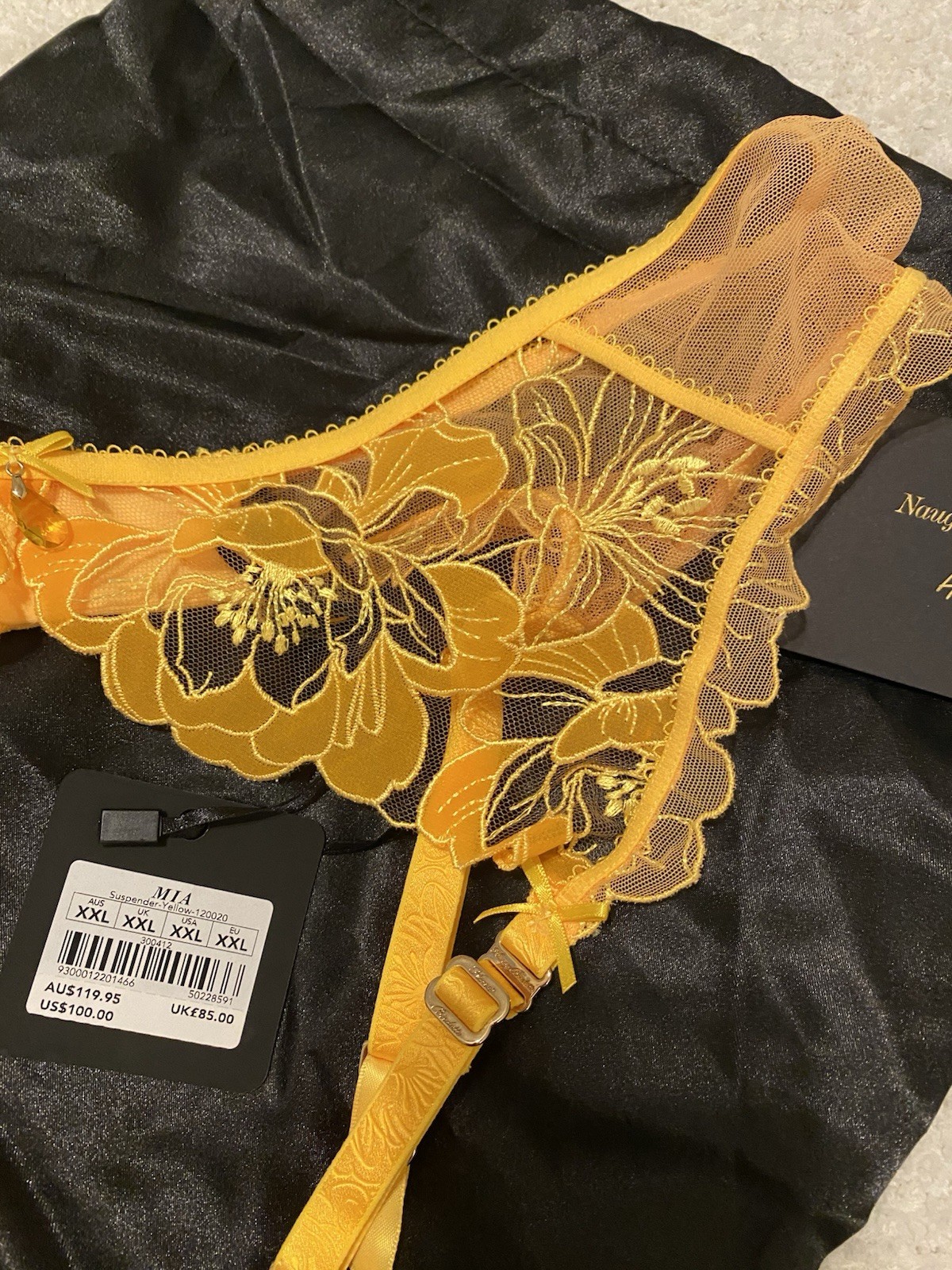 NWT Honey Birdette MIA Yellow Floral Lace Garter Thong Set Size XXL