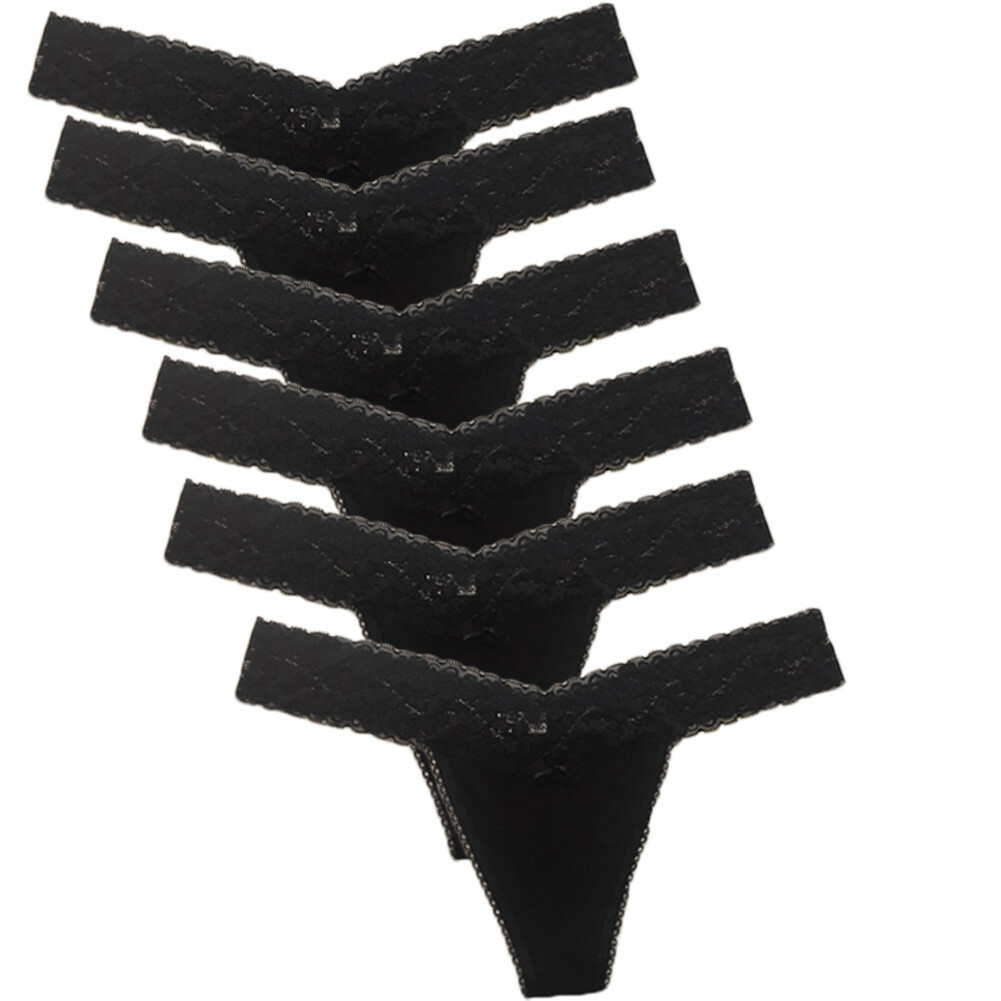 6 Pack Womens Cotton Floral Lace Trim Thong G String Panties underwear Black Set