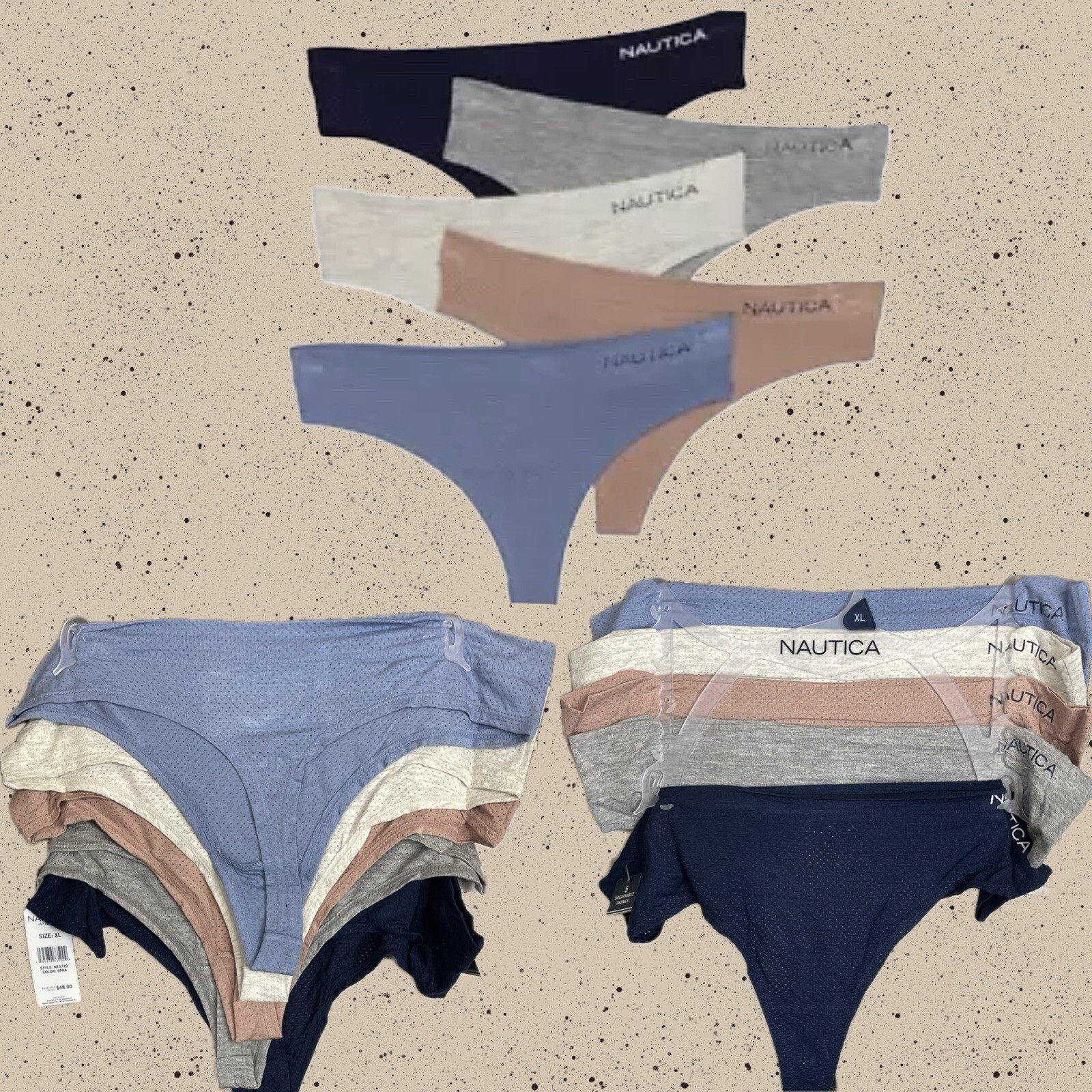 Nautica XL Winter Colors Logo Mesh Stretch Flat Elastic Waistband Thong Panties