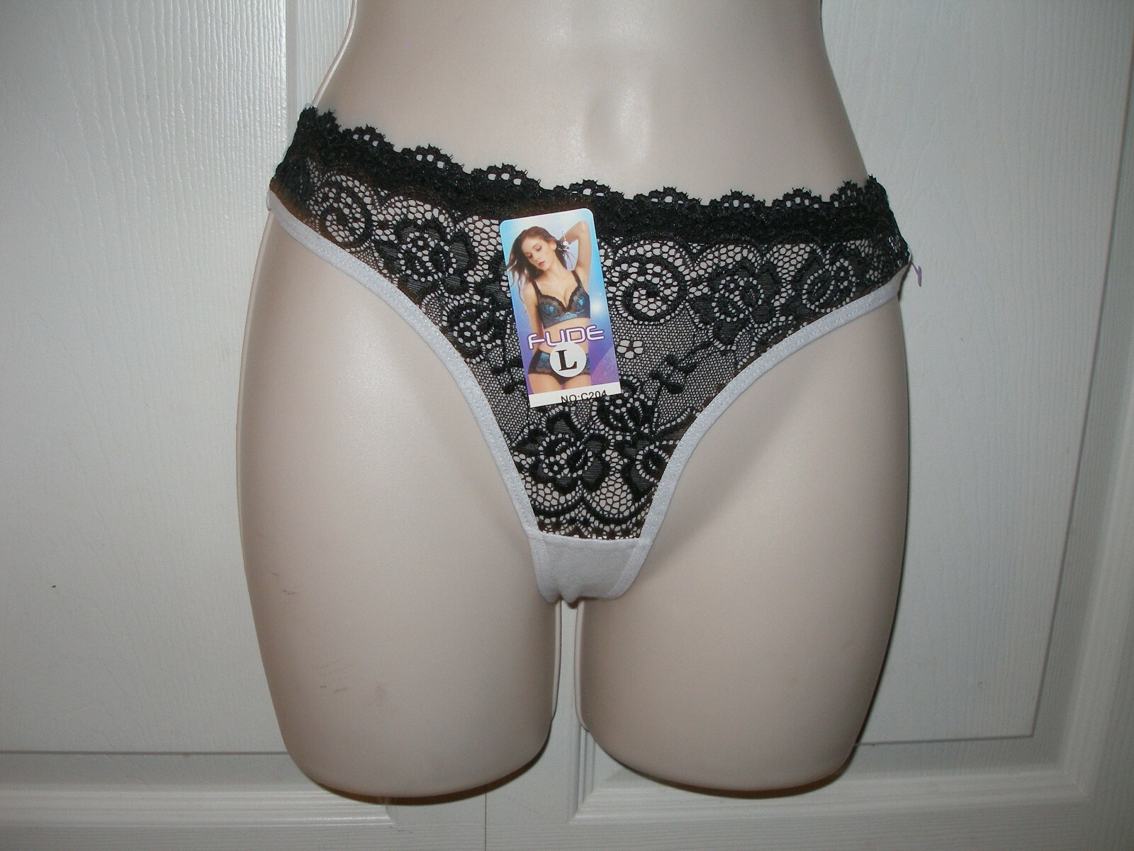 Women’s Thong Panties Black Lace & White Fabric Back Size Large by FUDE NWT