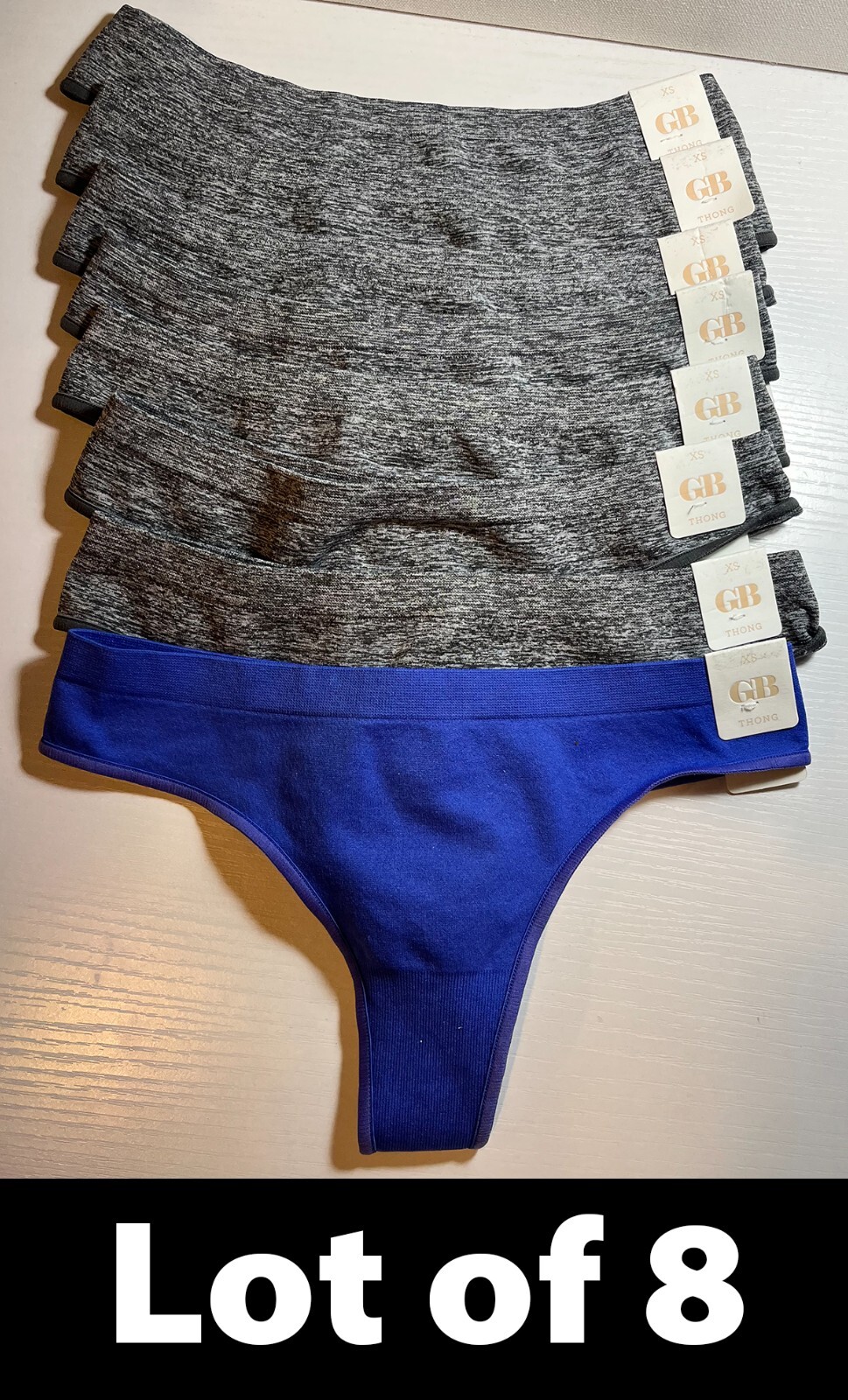 Lot/8 Juniors Seamless Thong Panties, Heather Grey / Blue Size XS