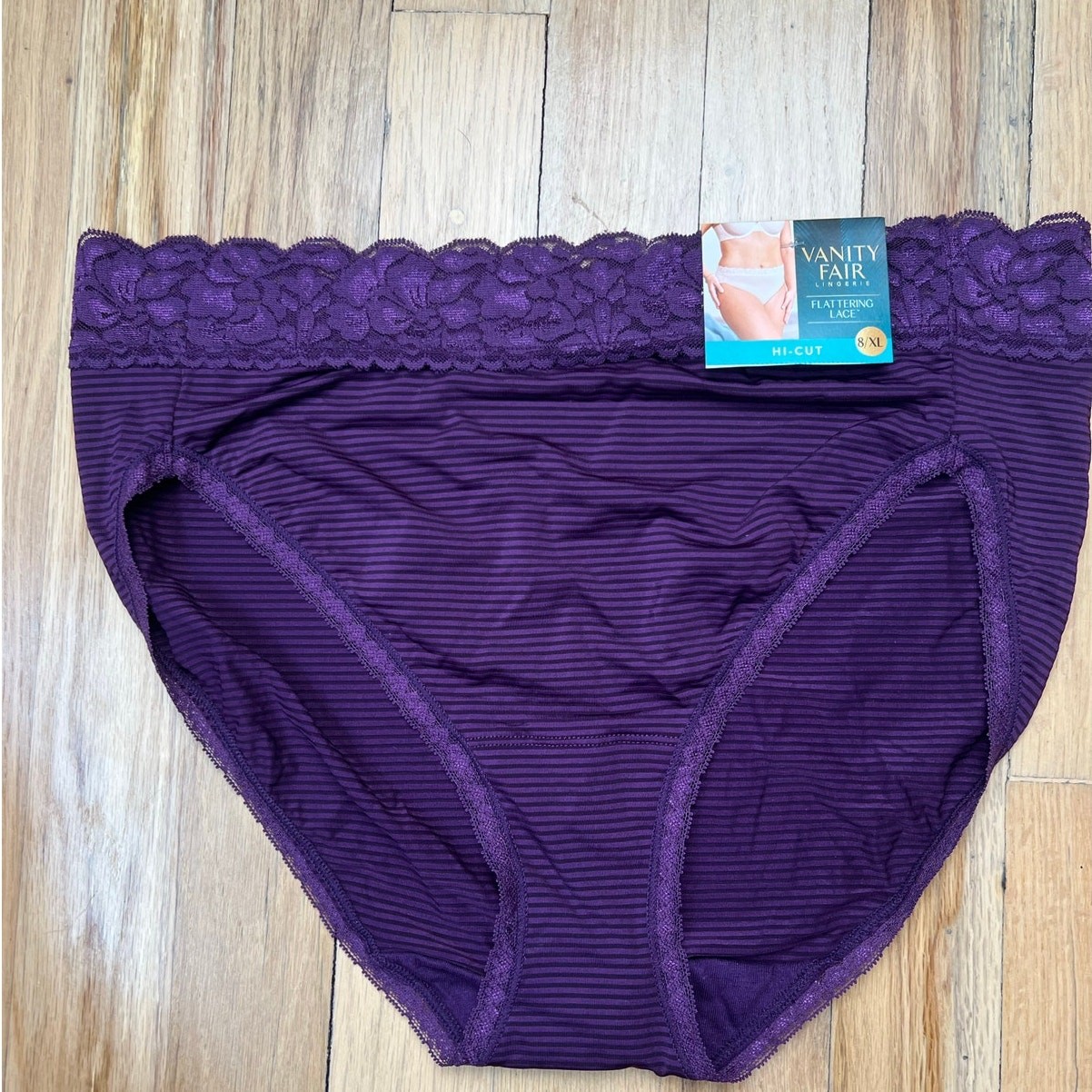 NEW Vanity Fair Flattering Lace high Cut Purple Underwear Stripe Women’s XL
