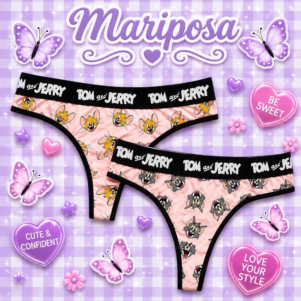Women’s Teens Tom and Jerry Kawaii Thong Panties Cartoon Pink Gray 2pk. Large