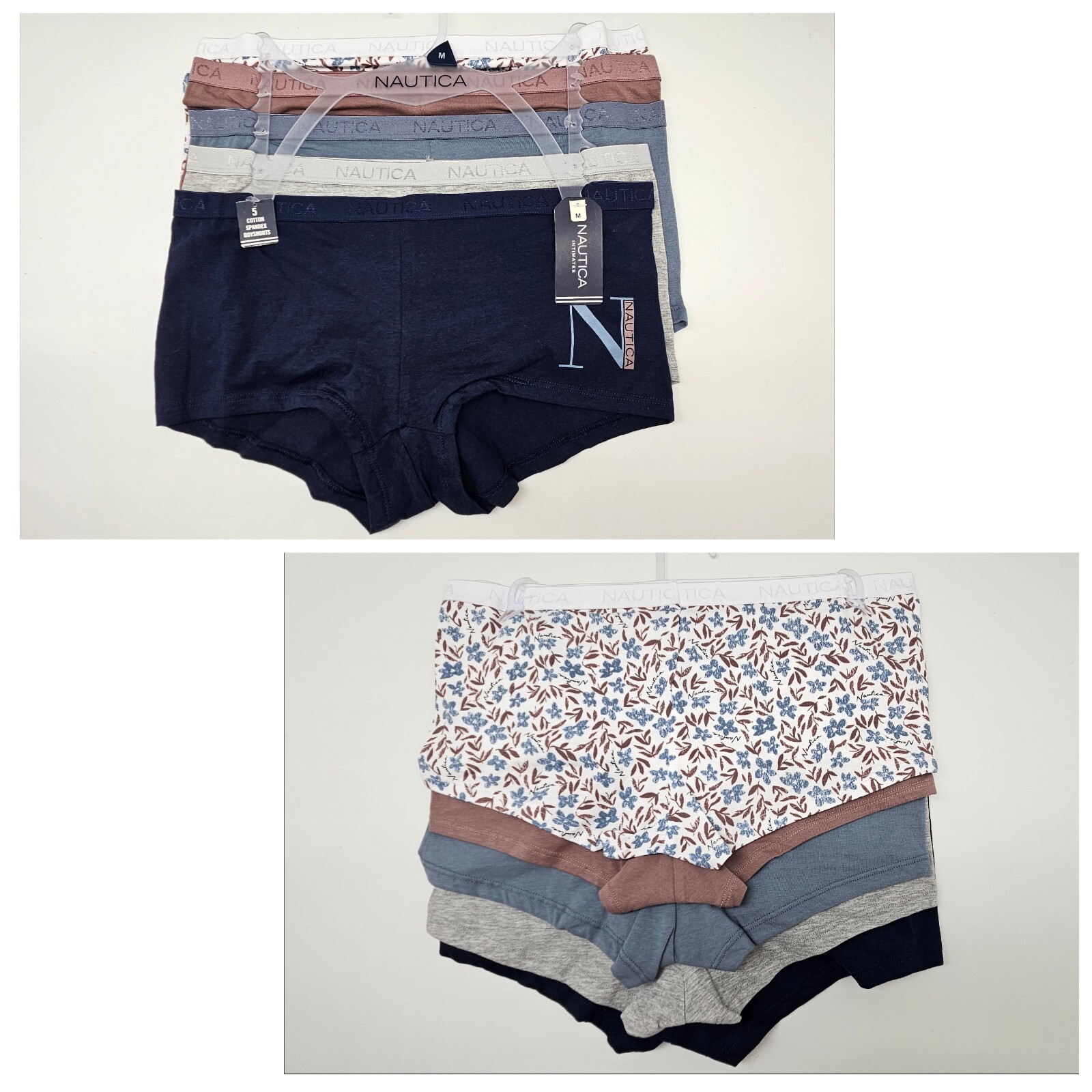 NAUTICA 5 Pack Women’s M L XL Cotton Logo Boy Shorts Navy Blue White Gray Brown