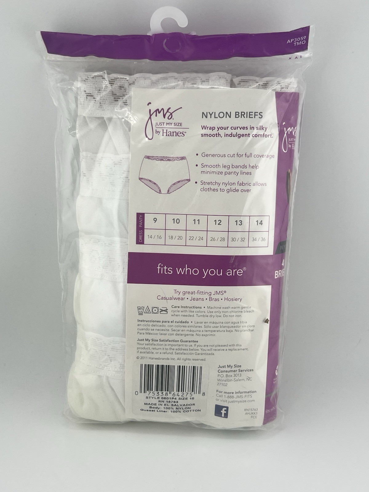 Just My Size Nylon Brief Panties 100% nylon Soft & Smooth Size 10 White 4 Pack