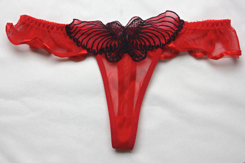 Ruffled Sheer Red Mesh Butterfly Lowrise Thong – Size Medium