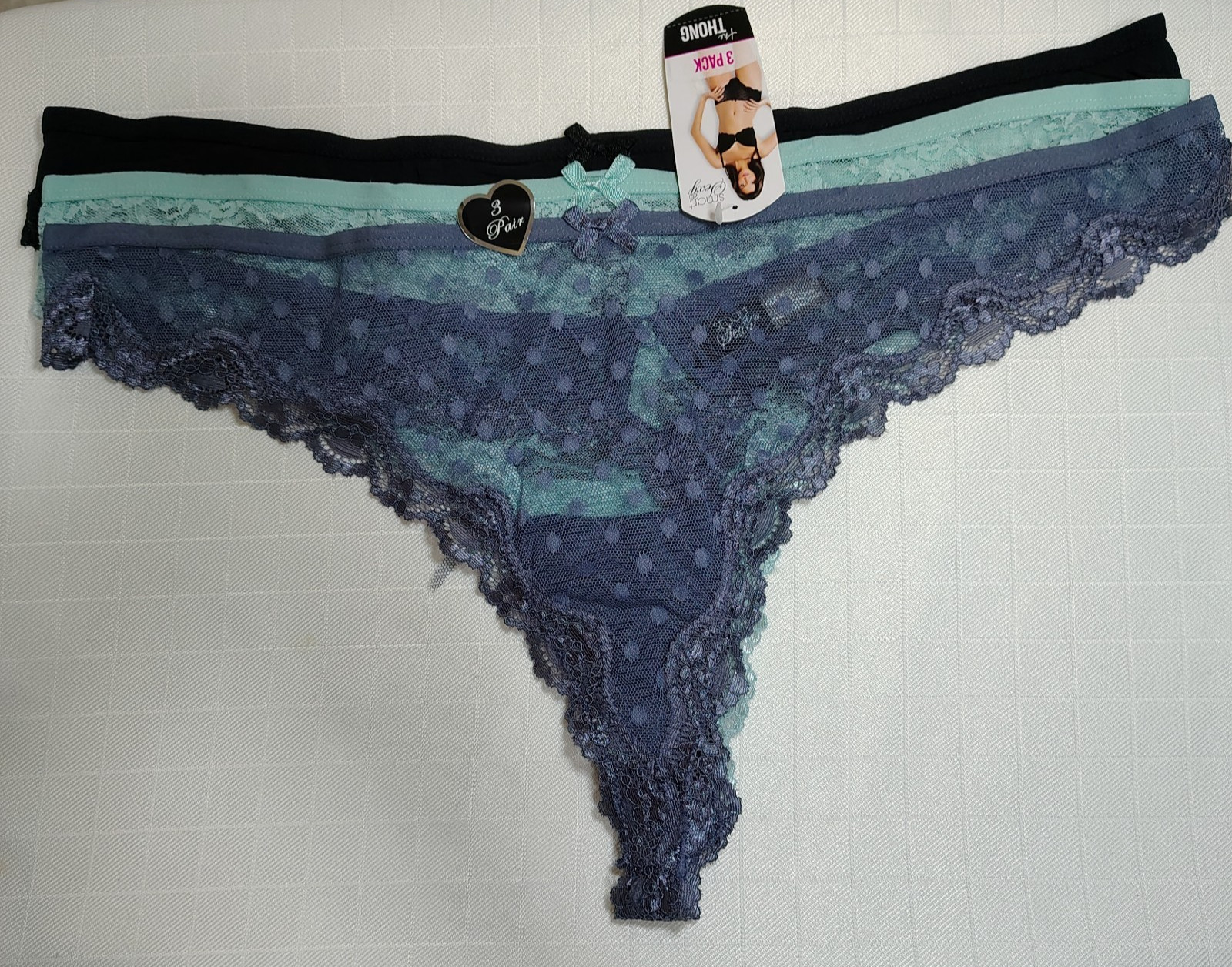 Womens Panties Size XXXL/10 Thong Smart Sexy 3) Pack Black Mint Steel Blue Lace