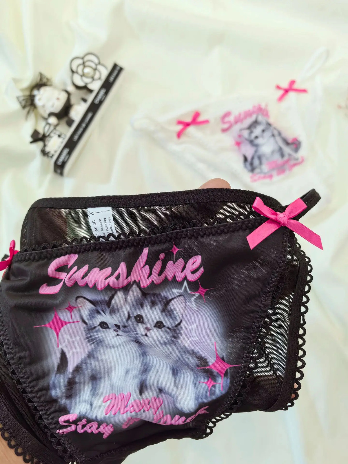 Cat Print Brief Panties Bow Low Rise Mesh Breathable Cotton Underwear Women