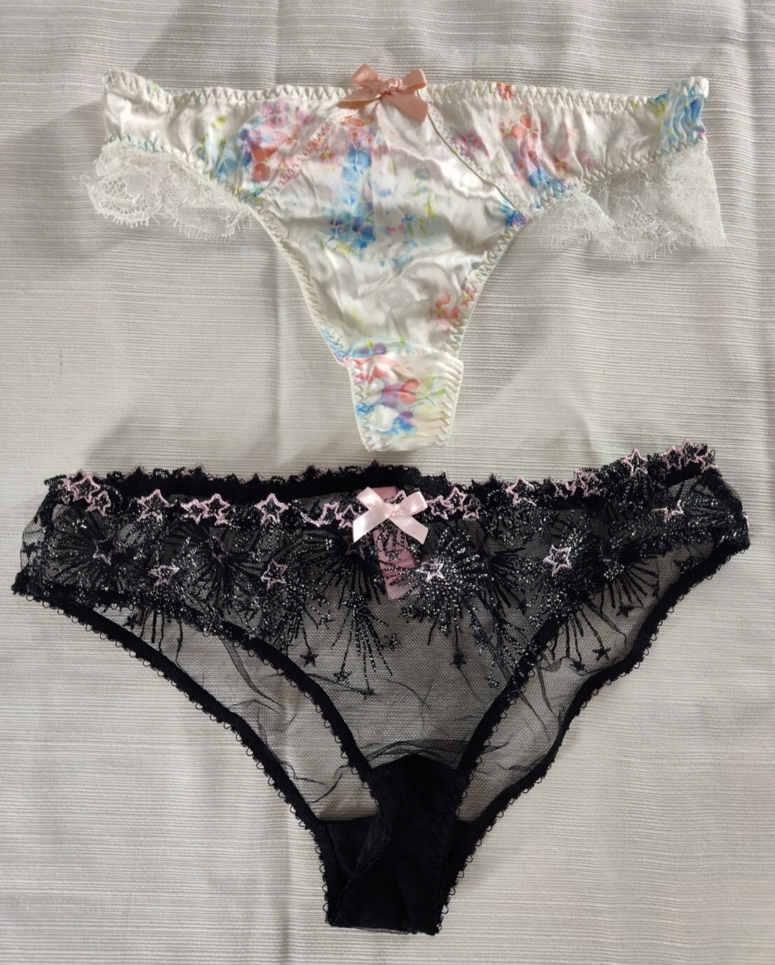 Agent Provocateur Panties Lot (2) White Satin Thong & Black Mesh Briefs Size 2