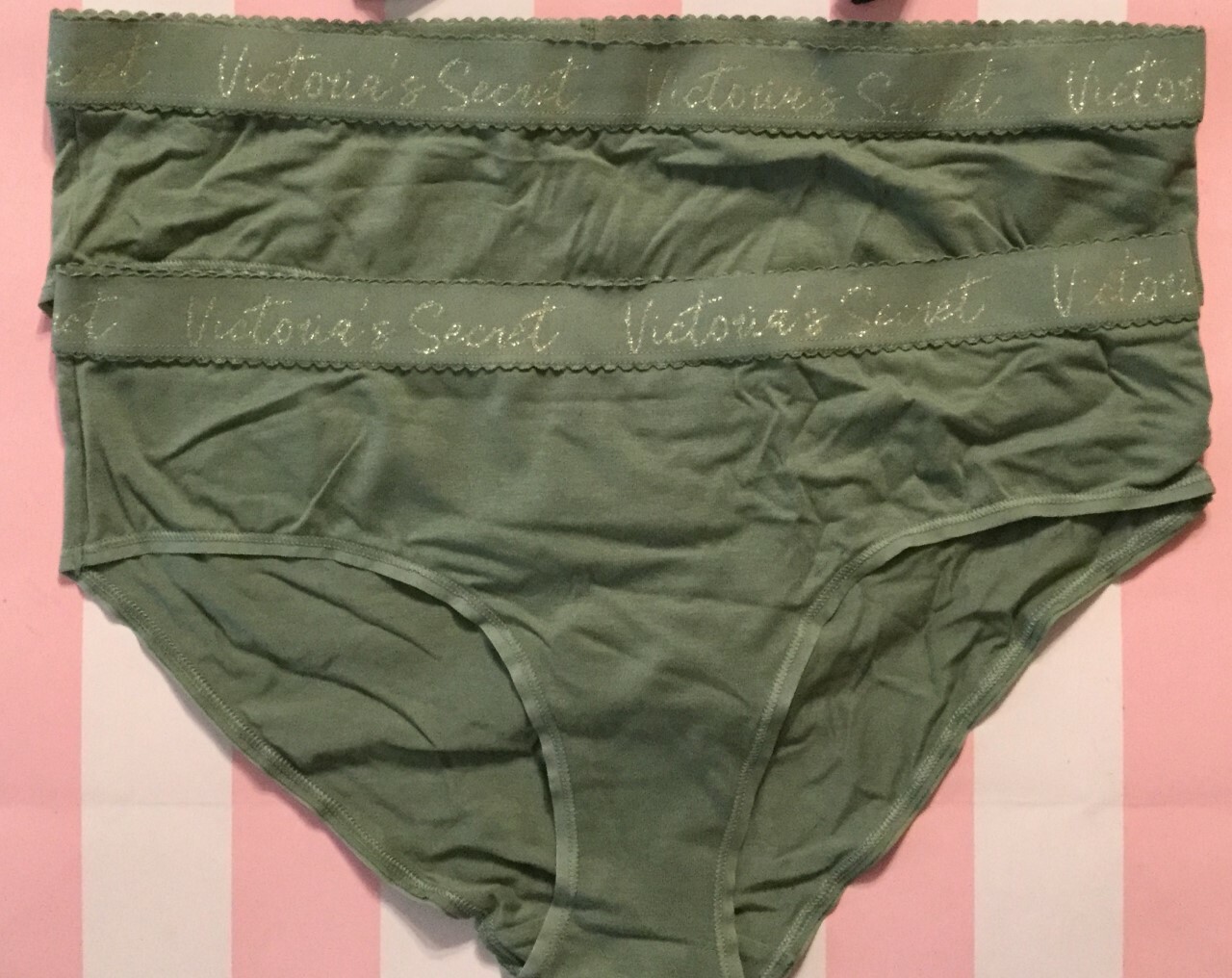 x2 Victorias Secret Black w/ Gold Logo Band Cotton Blend Hiphugger XLarge N5081