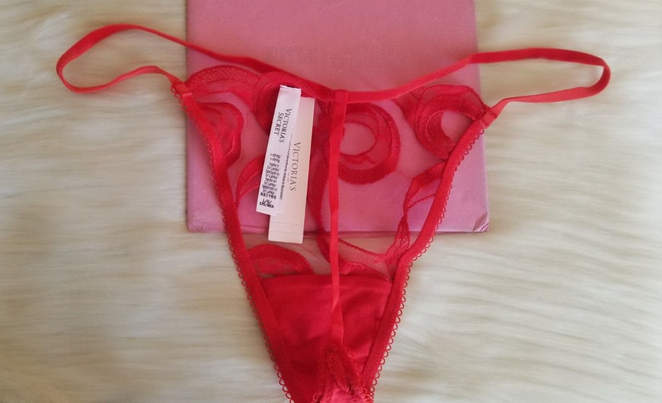 VICTORIA’S SECRET BOW EMBROIDERY V-STRING THONG PANTY LARGE VERMILLION RED NWT
