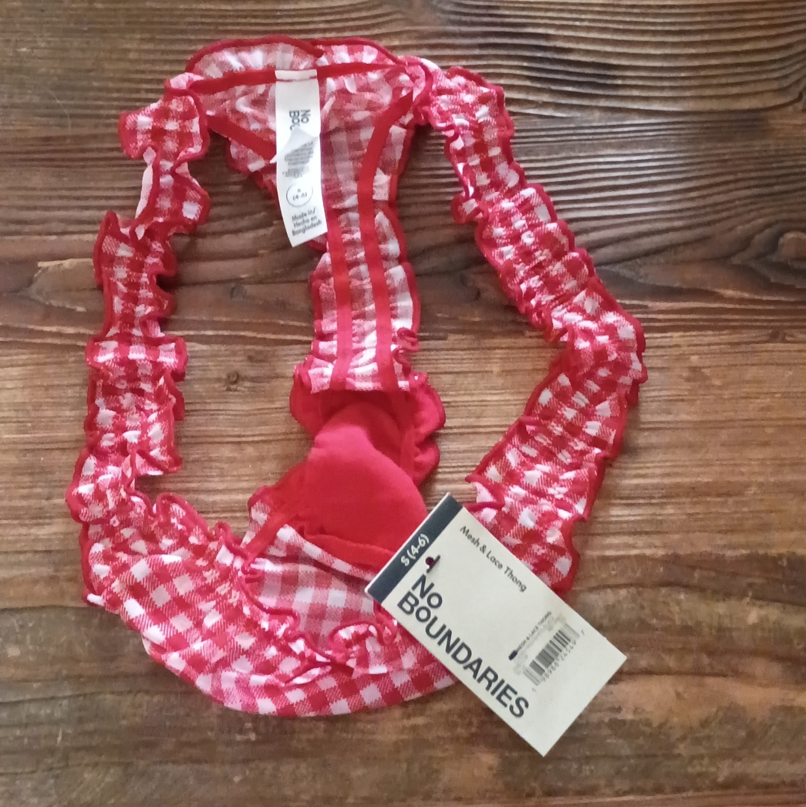 Women’s No Boundaries Cherry Red Gingham Mesh Lace Thong Panties Size S