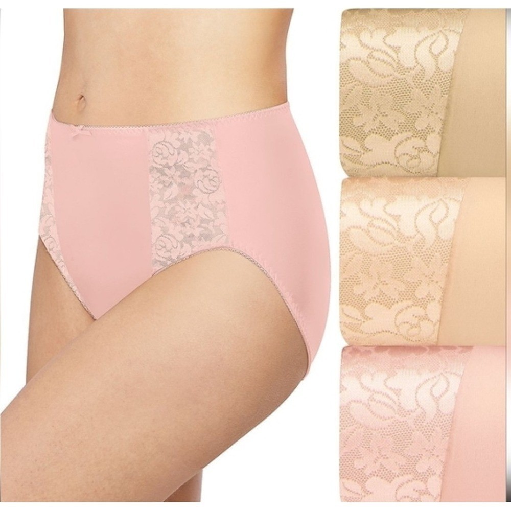 New With Tags Bali Double Support Briefs 3-Pack Large 7 Pink/Beige Lace Trim