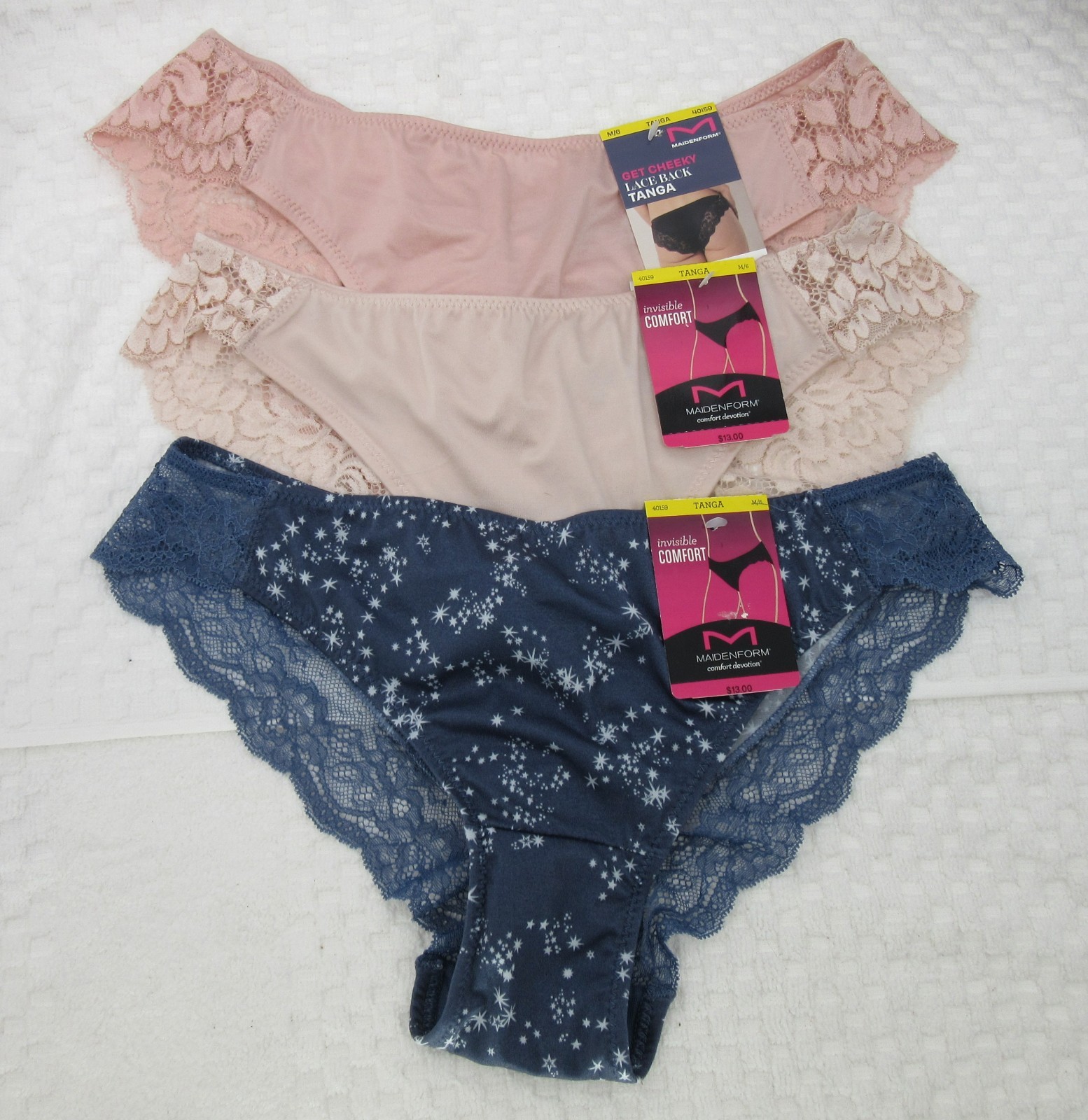 NWT set of 3 MAIDENFORM comfort devotion LACE TANGA BEIGE ROSE BLUE stars M/6