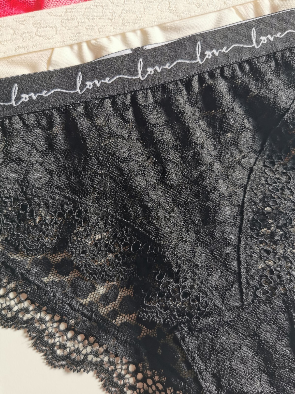 M&S 3pk Lace & Mesh Brazilian Knickers, Size 8, Black, Ivory, Red
