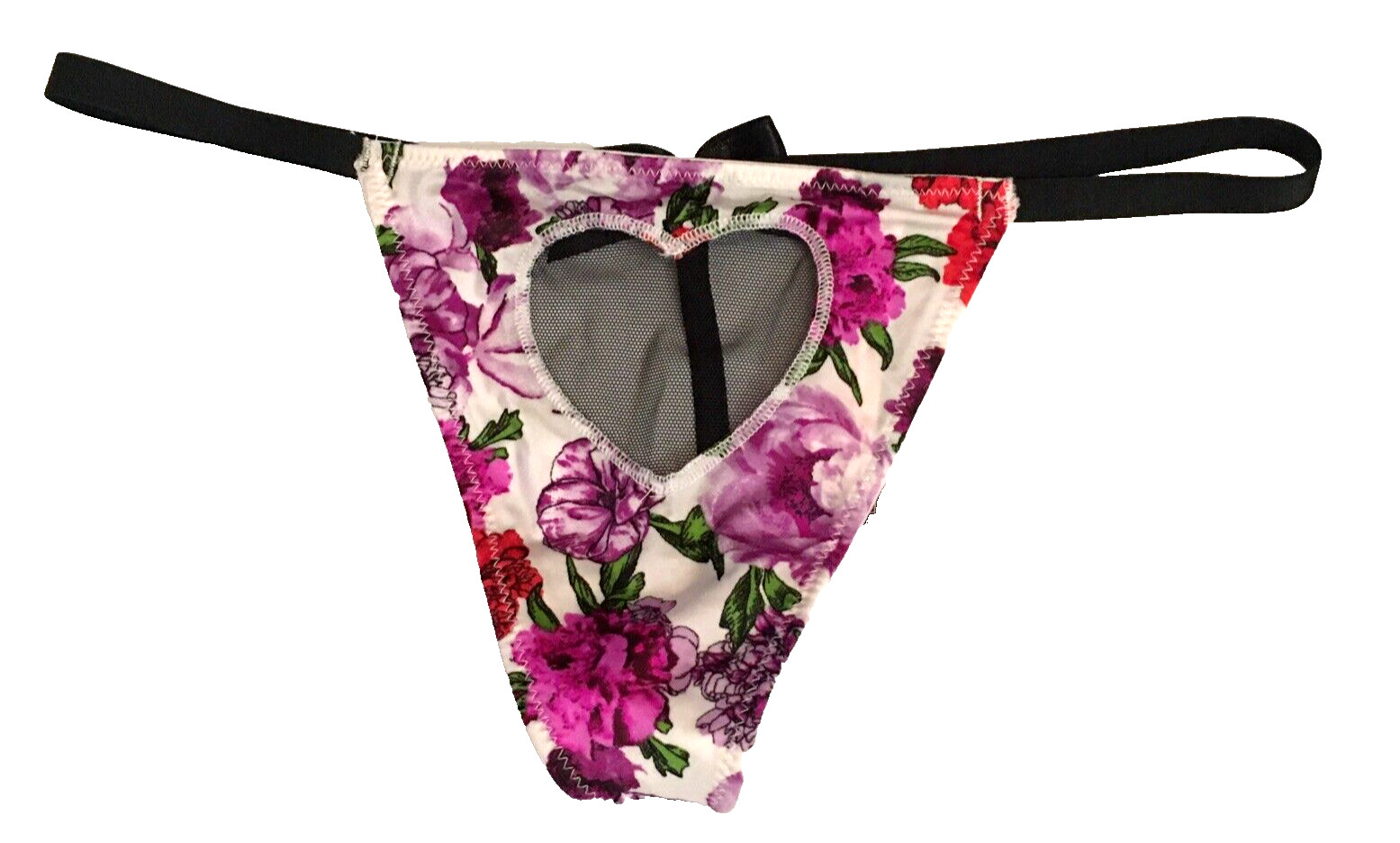 Victorias Secret Floral Mesh Heart V-String Thong Size S Cut-Out Sexy Bow Back