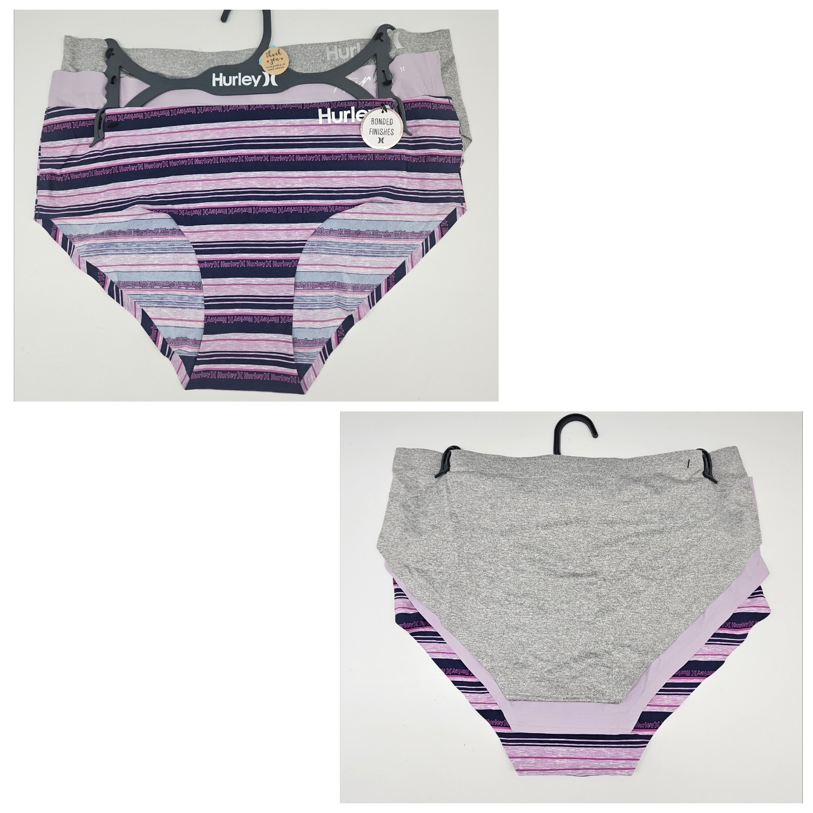 HURLEY 3 Pack Womens L XL Bonded Finishes Panties Black Gray Navy Purple Stripes