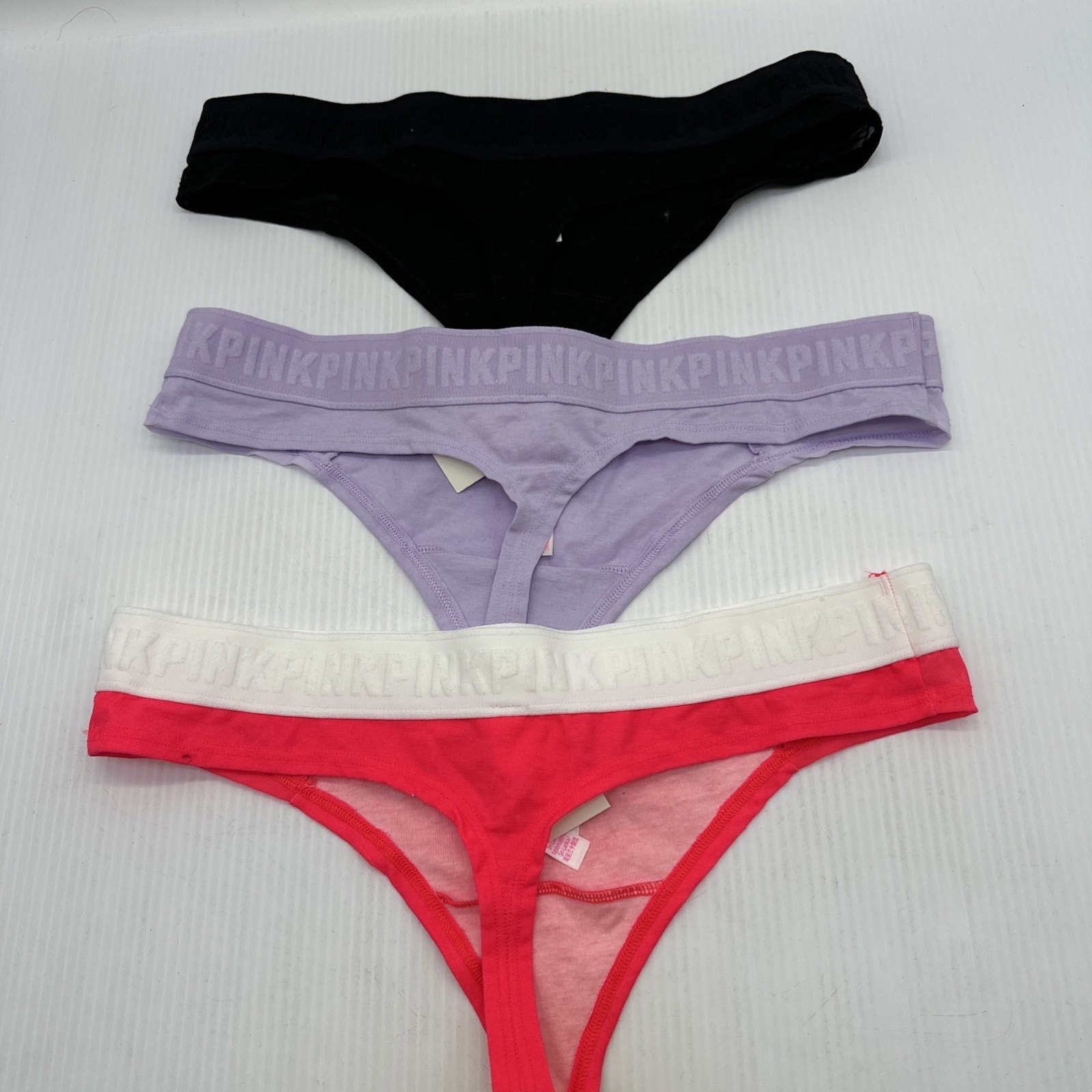 Victoria Secret PINK Panties Lot Of 3 Large Thong Pink, Lavender, Black {107}