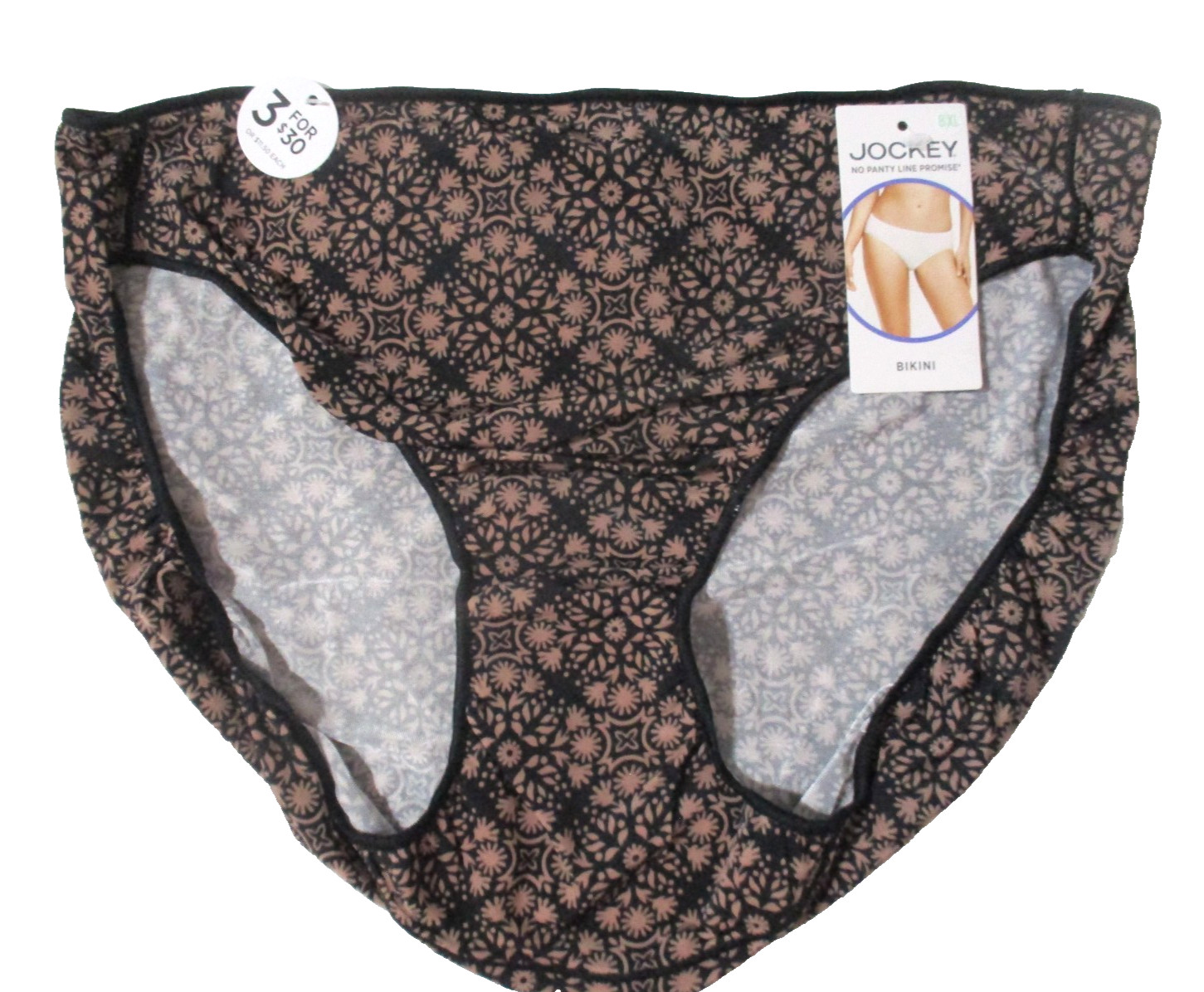JOCKEY SIZE 8 XL BIKINI 1370 TACTEL NO PANTY LINE PROMISE BLACK TAN GEO PANTIES