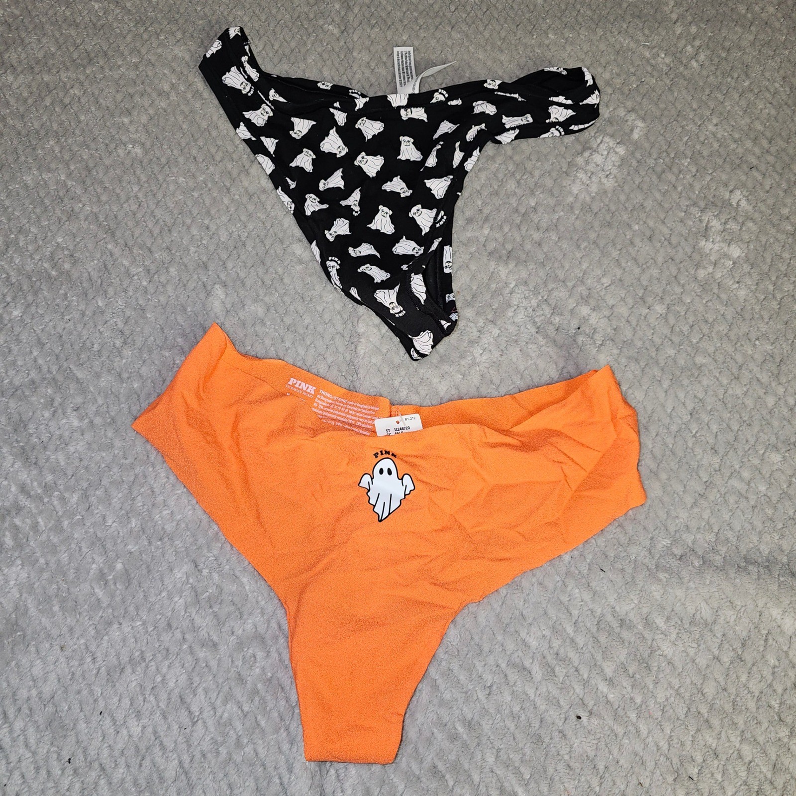 PINK Victoria’s Secret Thong Bottoms M Halloween Ghost Orange Black 2PC Set