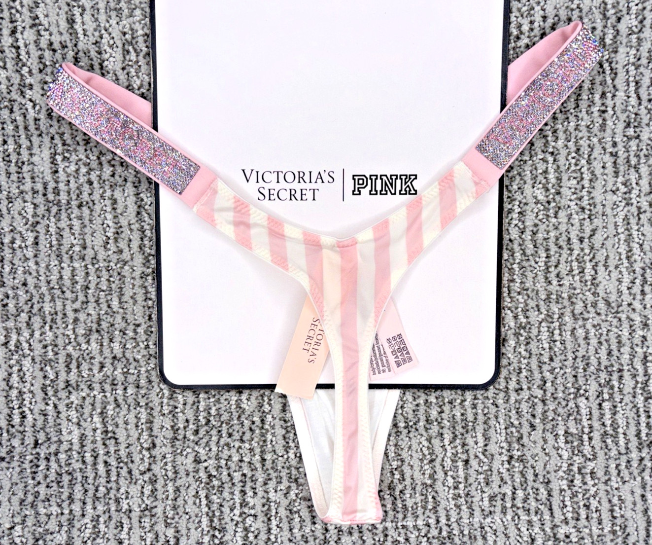 VictoriasSecret VerySexy NWT Medium Pink Stripe Spellout Shine Strap Thong Panty