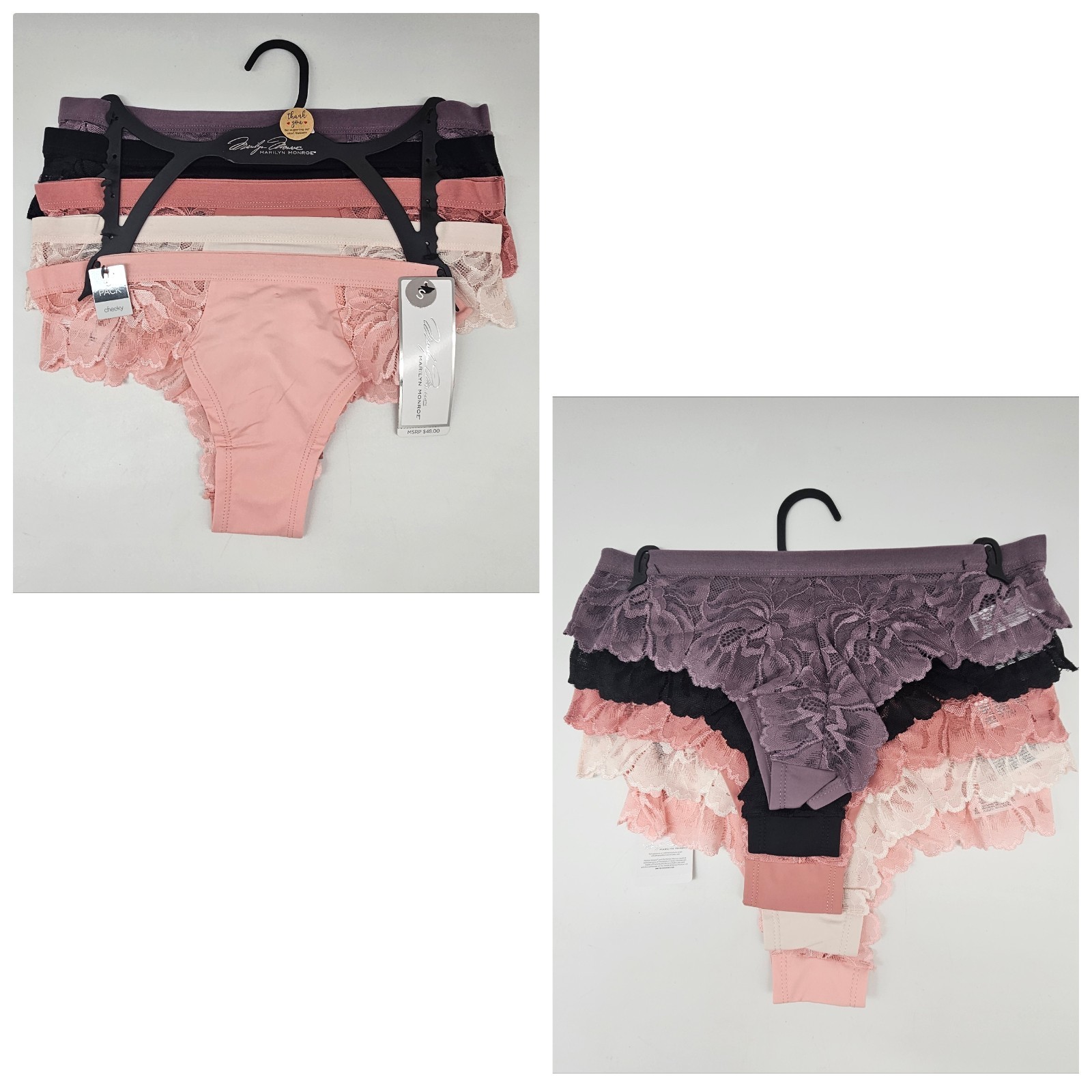 5 Pack MARILYN MONROE Women’s S M L XL Cheeky Lace Back Panties Taupe Black Pink