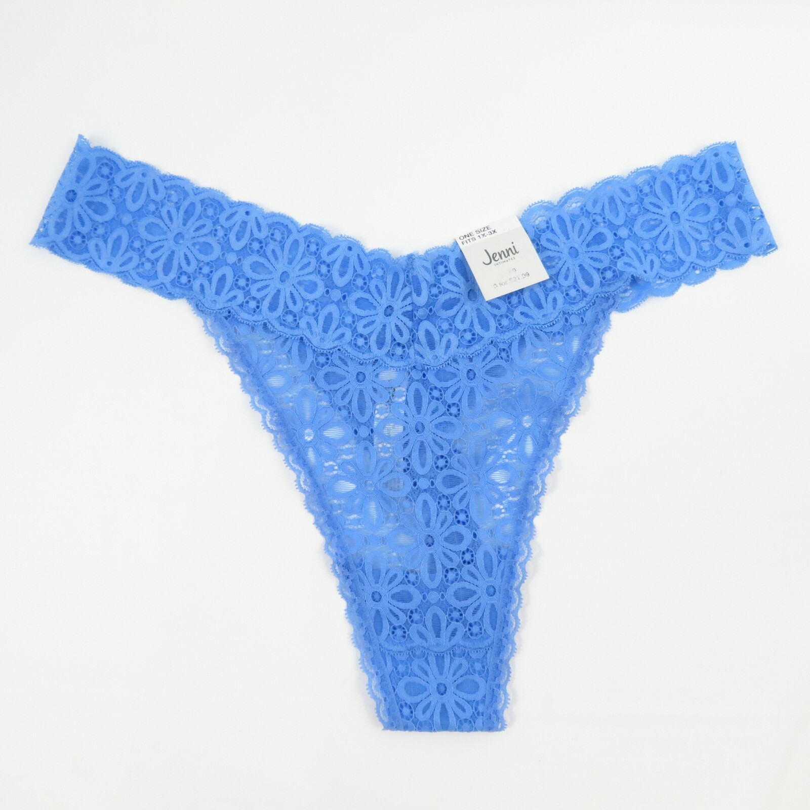 Jenni Women’s Lace Thong Underwear Panty One Size Plus, Fits 1X 2X 3X Blue