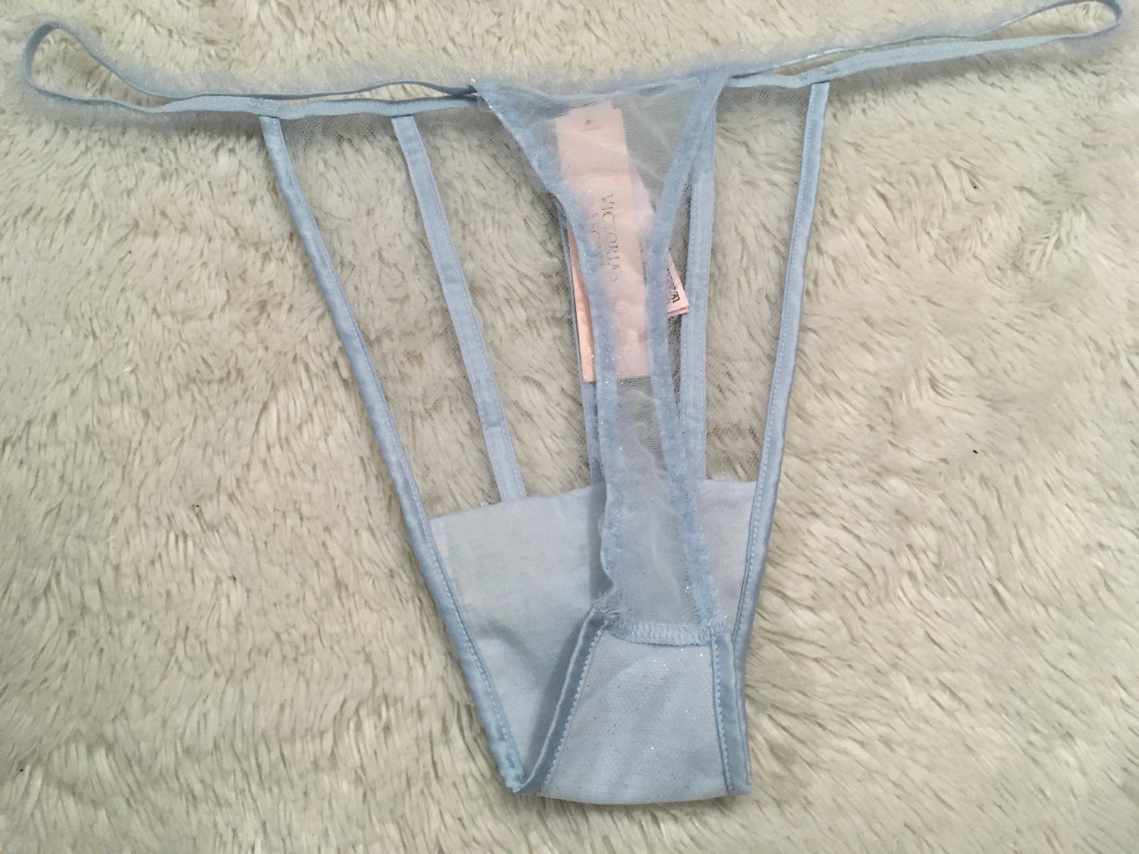 XL VICTORIA’S SECRET Dream Angels CAMEO Blue Glitter Tulle Sheer THONG Panty