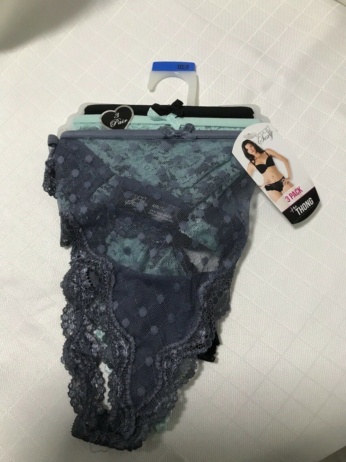 Womens Panties Size XXXL/10 Thong Smart Sexy 3) Pack Black Mint Steel Blue Lace