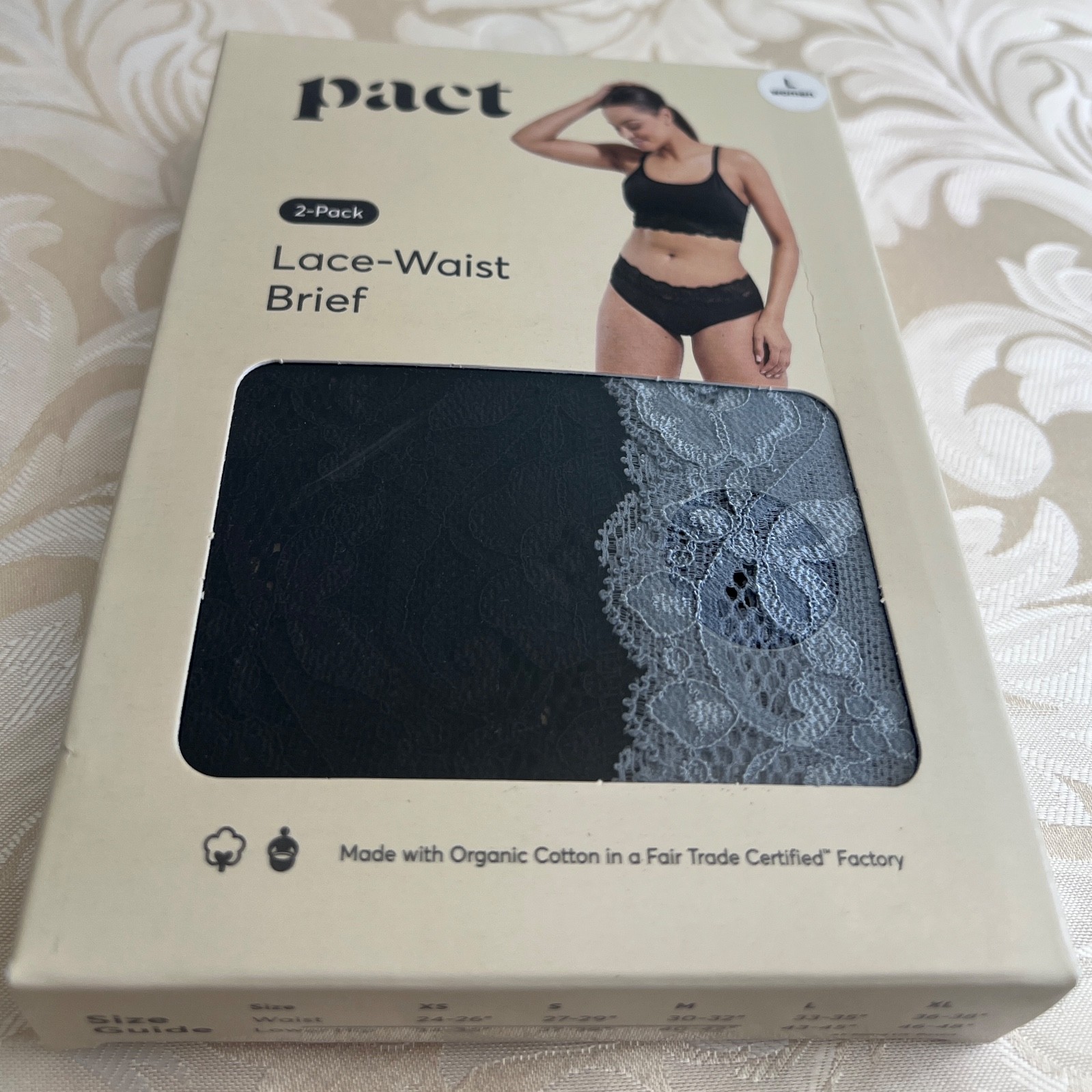Lace Waist Brief 95% Organic Cotton Women’s Black/Smoke size L PACT India