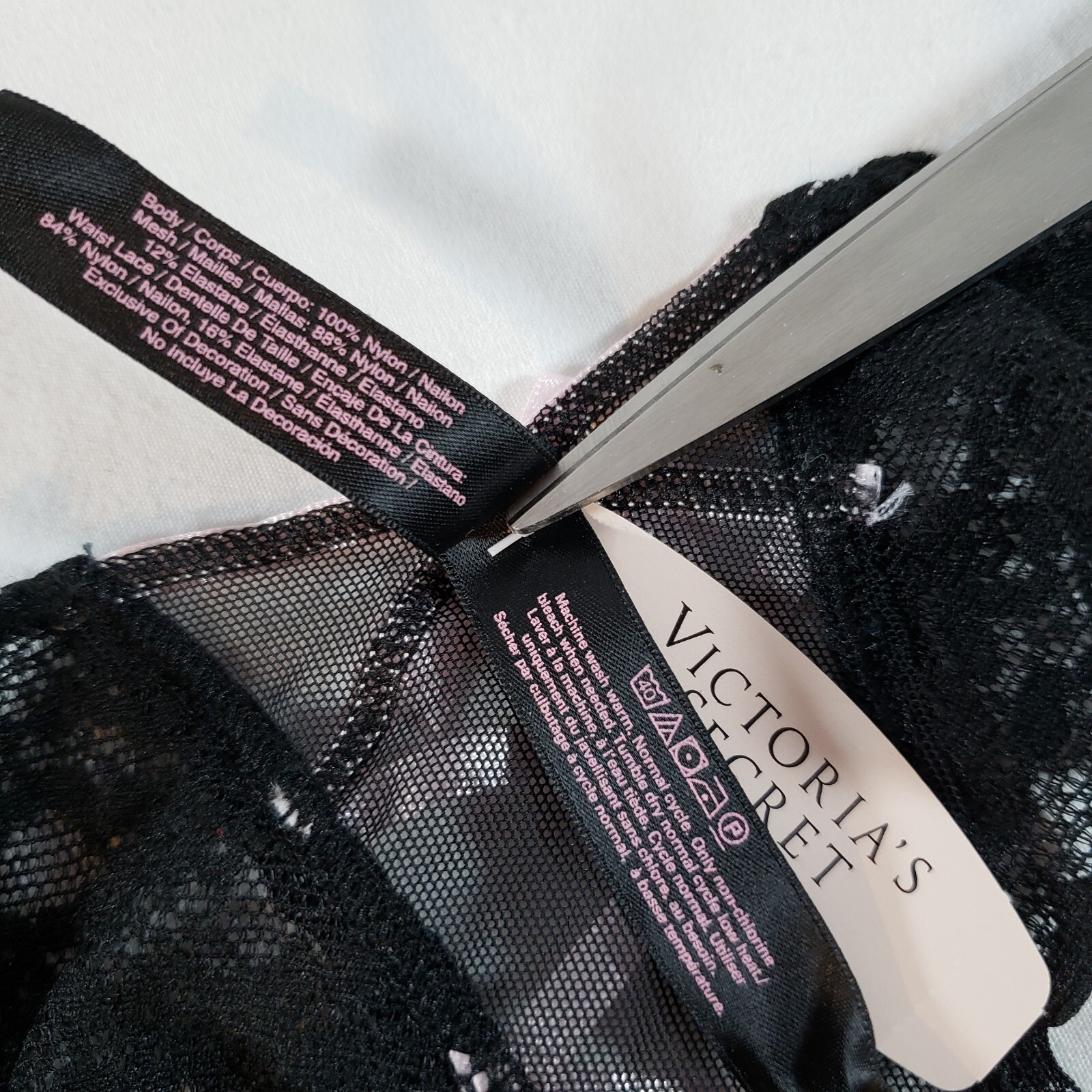 Victoria’s Secret Lace Thong O/S One Size Black Pink Ribbon Lace-Up Corset Back