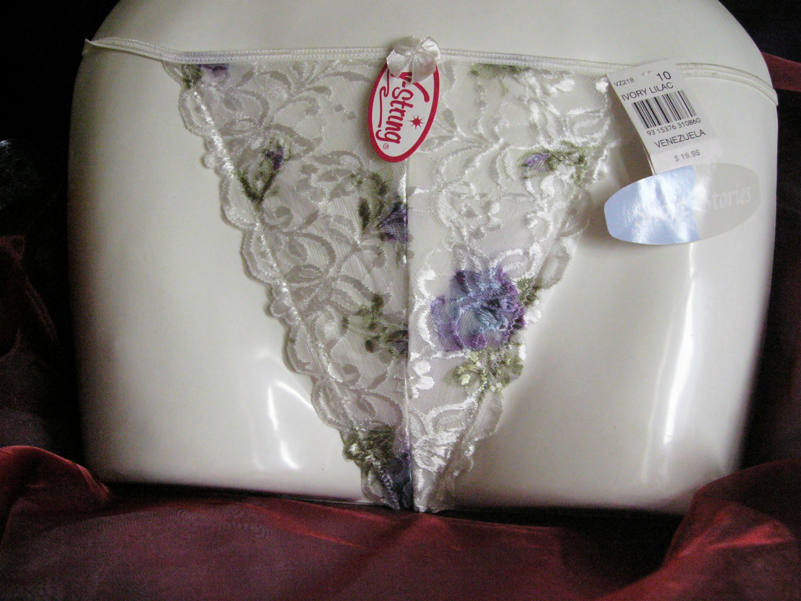 Short Stories purple floral pattern white ivory lace G-STRING knickers Size 10