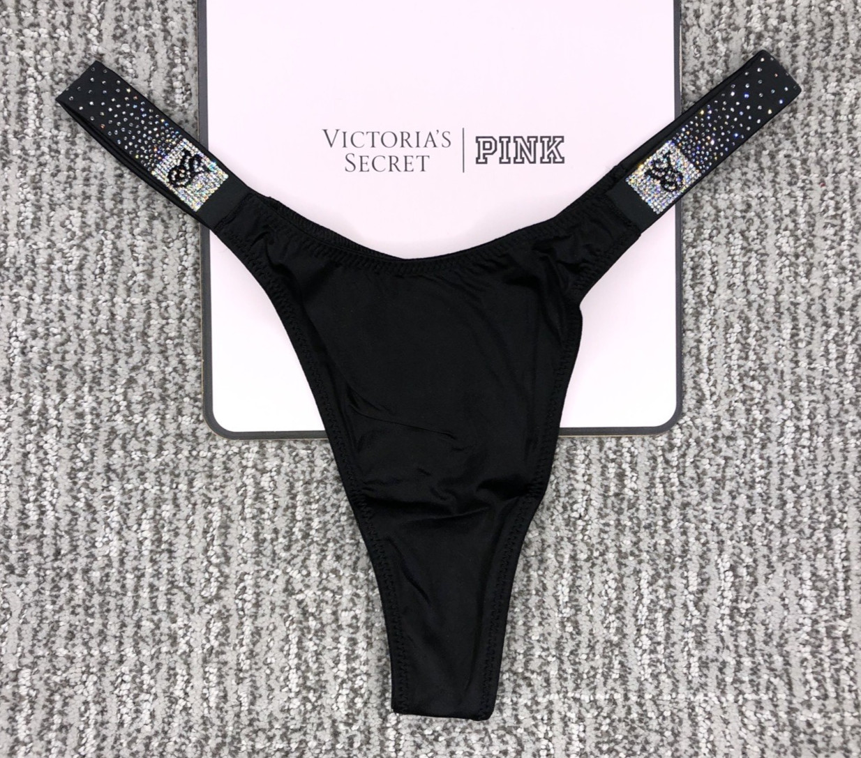 Victorias Secret Very Sexy NWT Large Black Scatter Shine Strap Thong Panty Bling