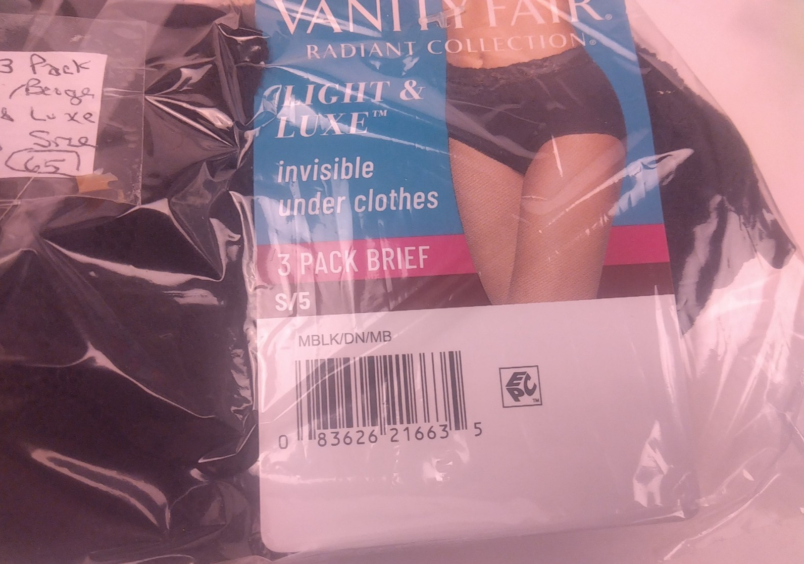 Vanity Fair 3 Pack Black/Beige Light & Luxe Briefs Size S/5 – New (65)