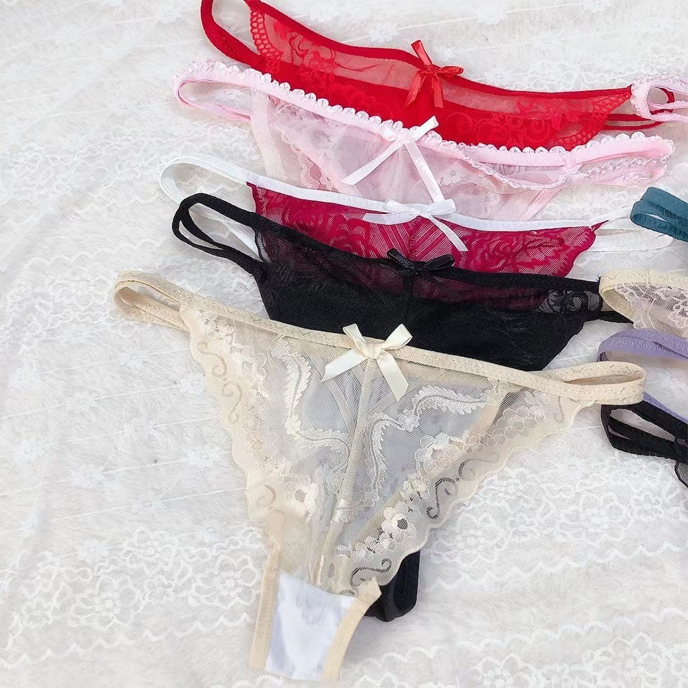 UK Girl Sexy Cute Ice Silk Thong Low Waist Cotton Lace Ladies T-shaped Pan Comfy