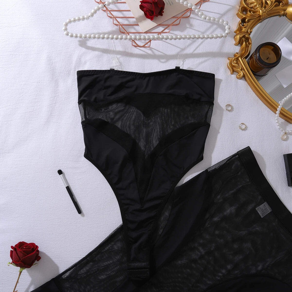 Ellolace Elegant Hot Sexy Lingerie See Through Strapless Bodysuit Half Dress 2PC